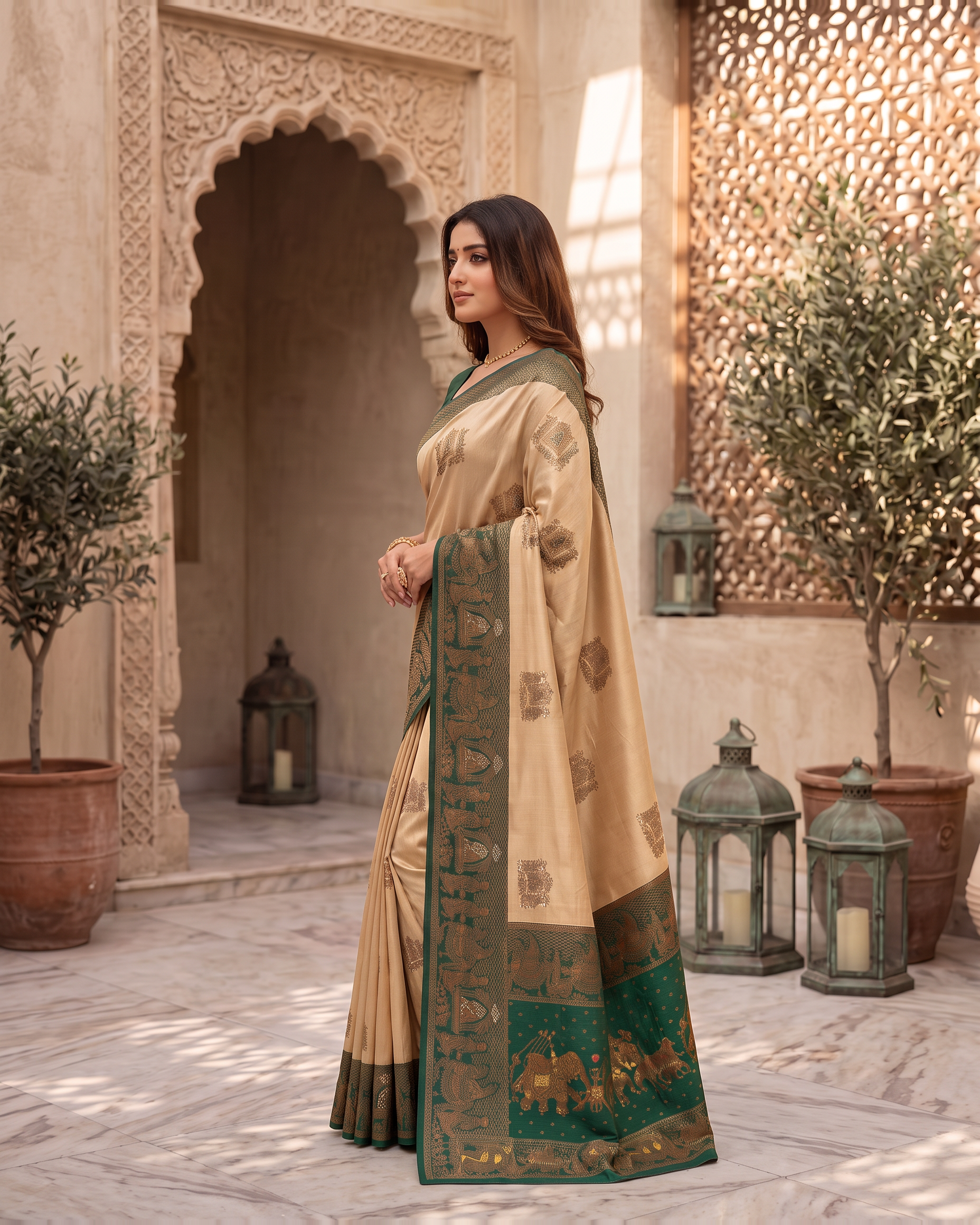 Anokhi Pastel Contrast Festive Saree with Designer Drape - Beige Green - side