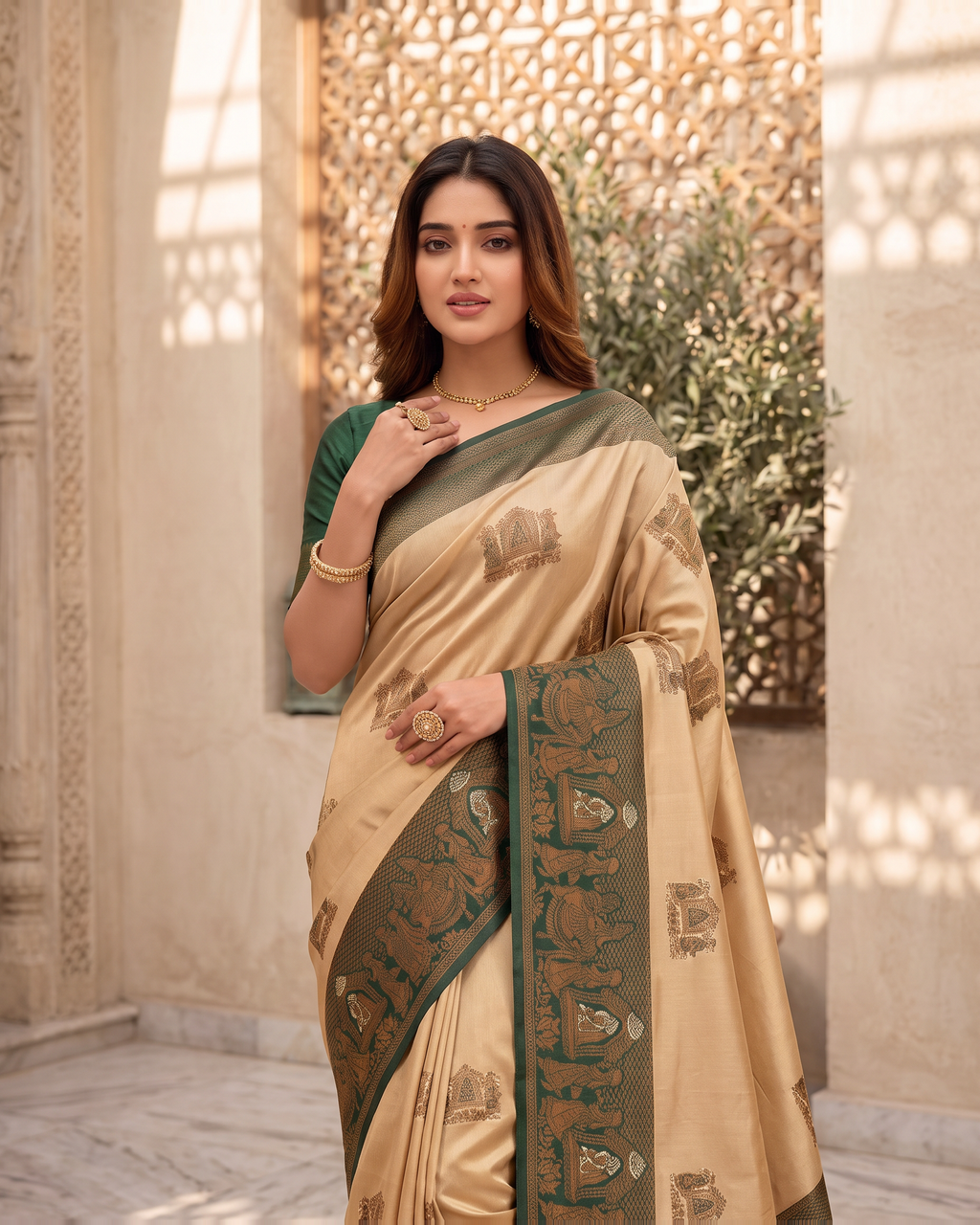 Anokhi Pastel Contrast Festive Saree with Designer Drape - Beige Green - upper closeup