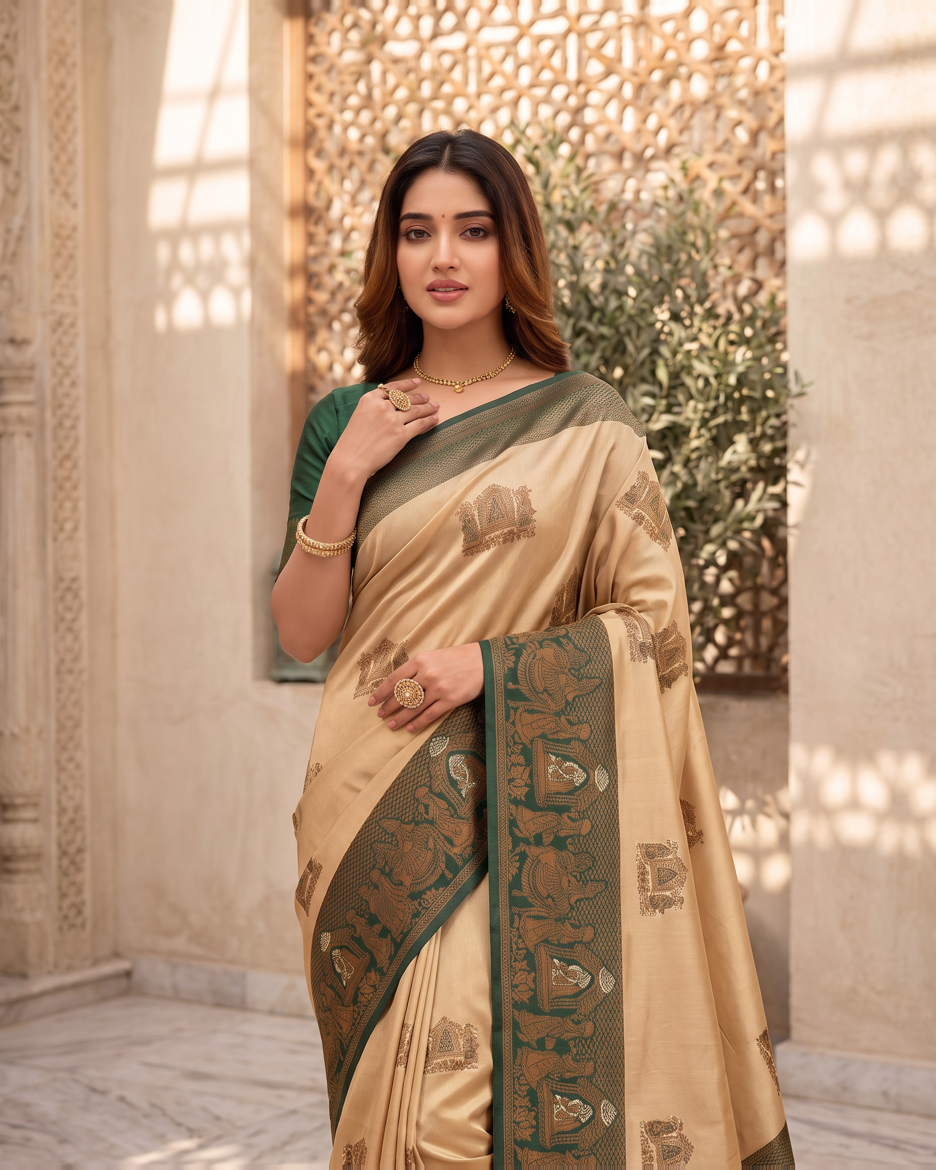 Anokhi Pastel Contrast Festive Saree with Designer Drape - Beige Green - upper closeup