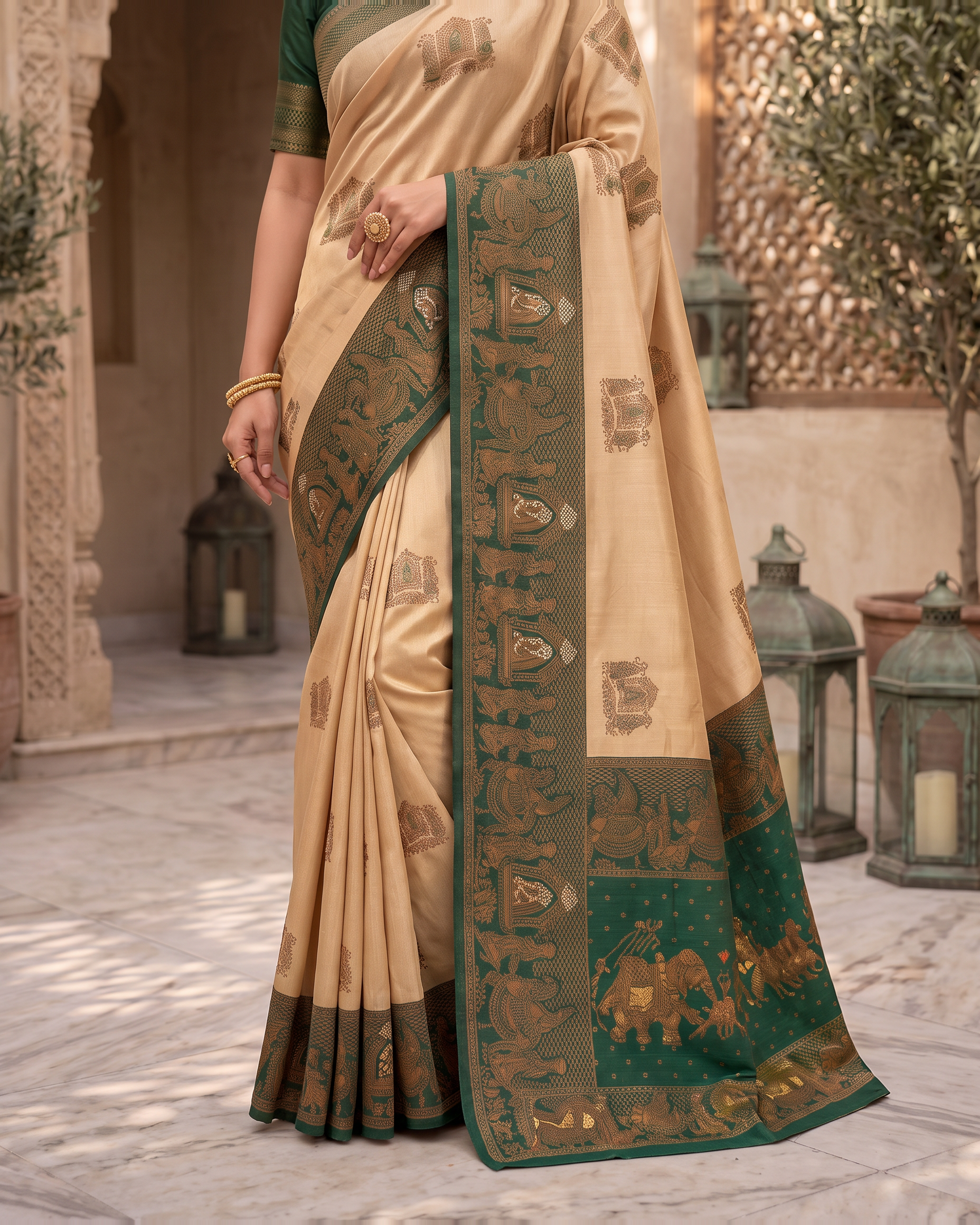 Anokhi Pastel Contrast Festive Saree with Designer Drape - Beige Green - lower closeup