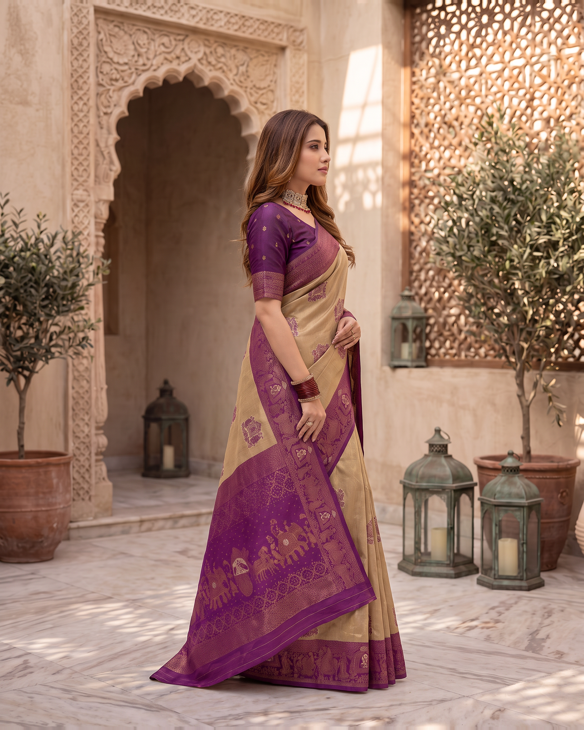 Anokhi Pastel Contrast Festive Saree with Designer Drape - Beige Purple - side