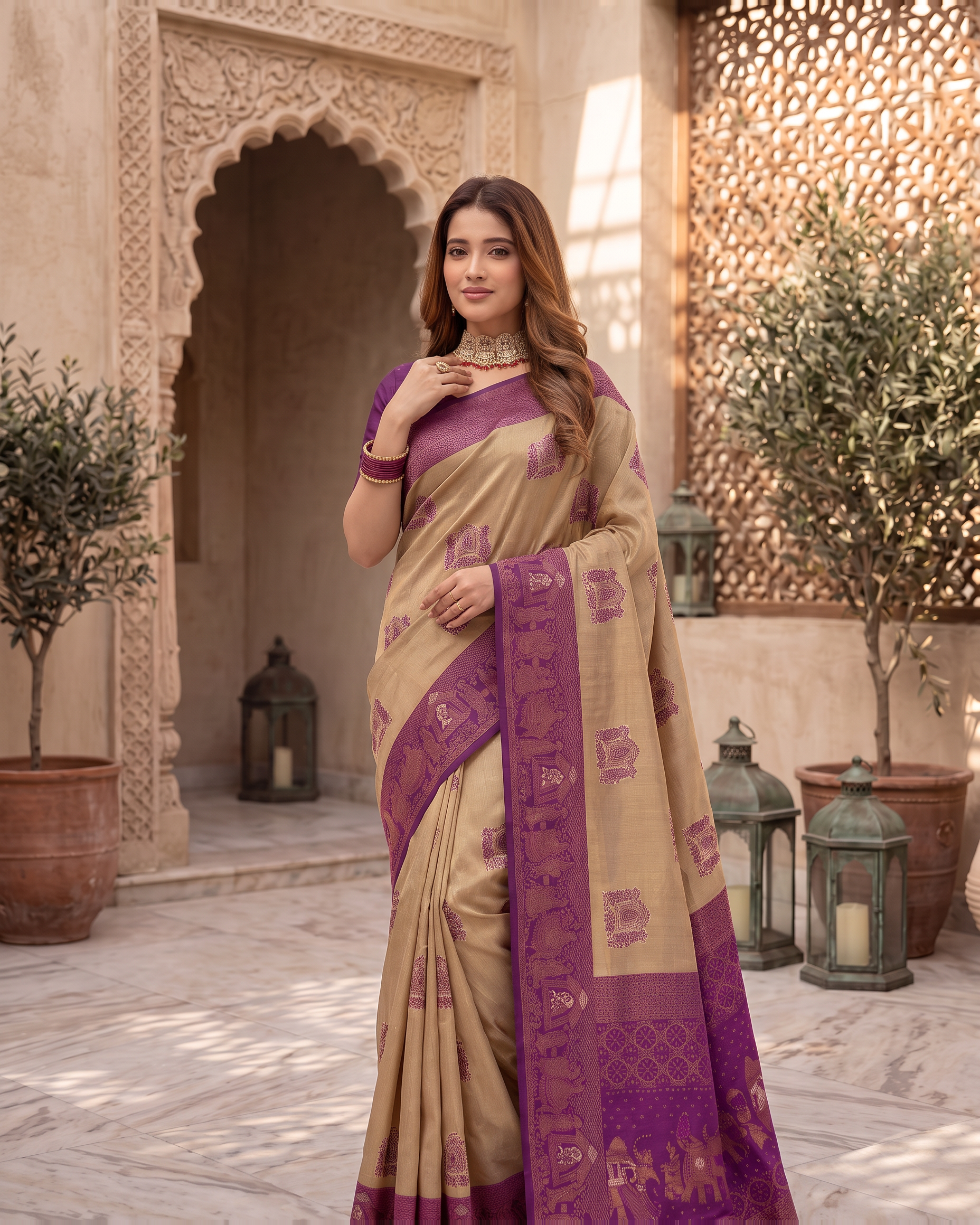Anokhi Pastel Contrast Festive Saree with Designer Drape - Beige Purple - upper closeup
