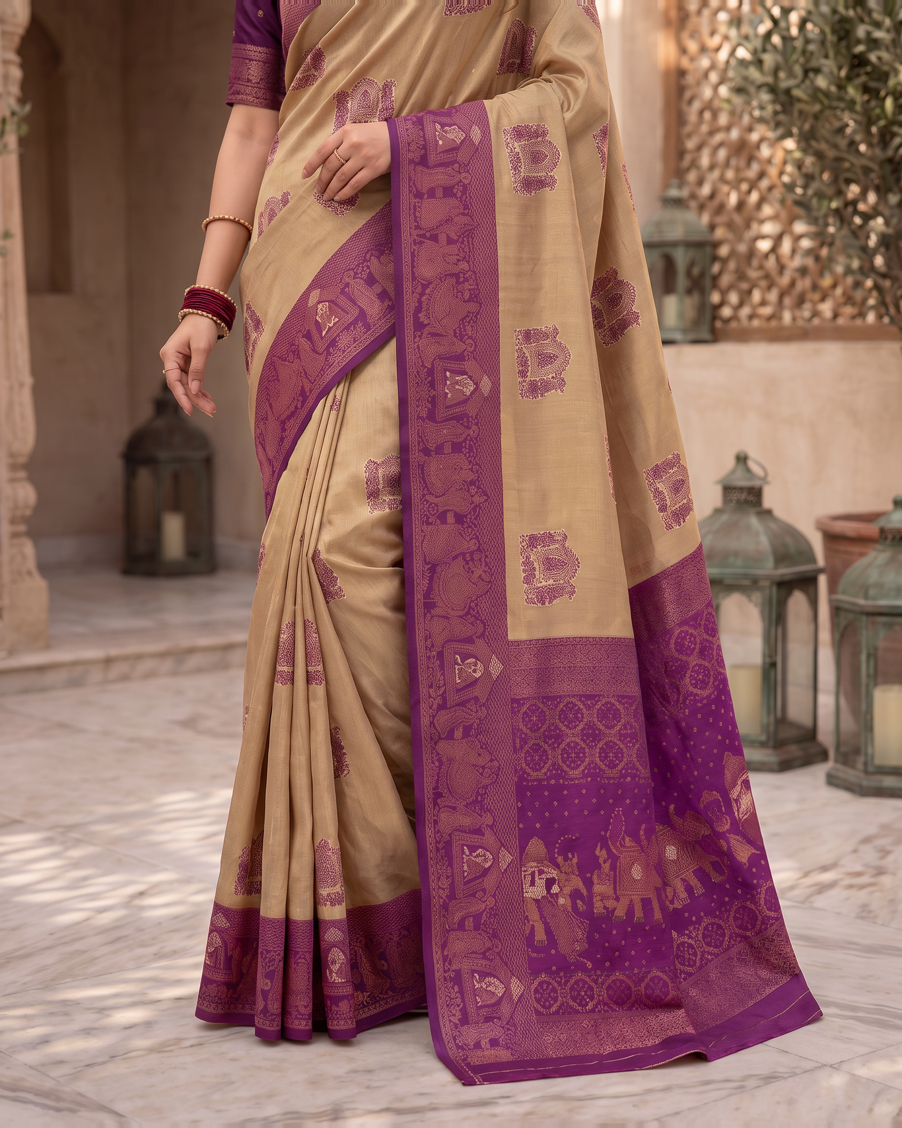 Anokhi Pastel Contrast Festive Saree with Designer Drape - Beige Purple - lower closeup