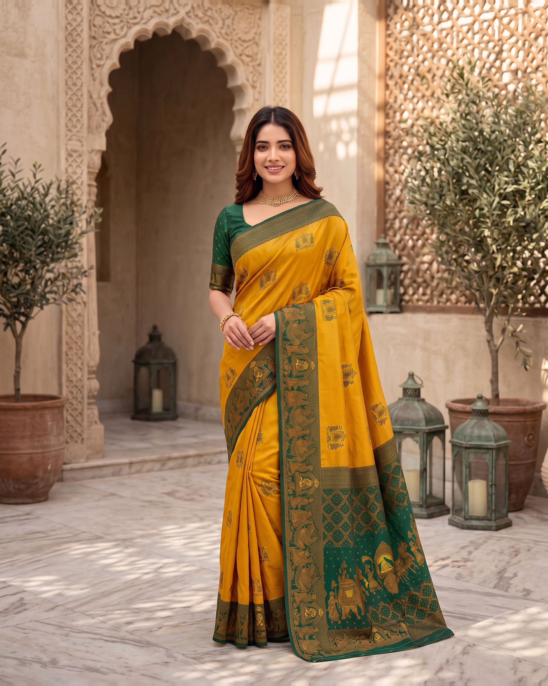 Anokhi Pastel Contrast Festive Saree with Designer Drape - Mustard Green - full saree hero