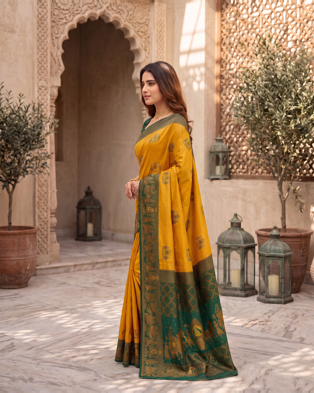 Anokhi Pastel Contrast Festive Saree with Designer Drape - Mustard Green - side