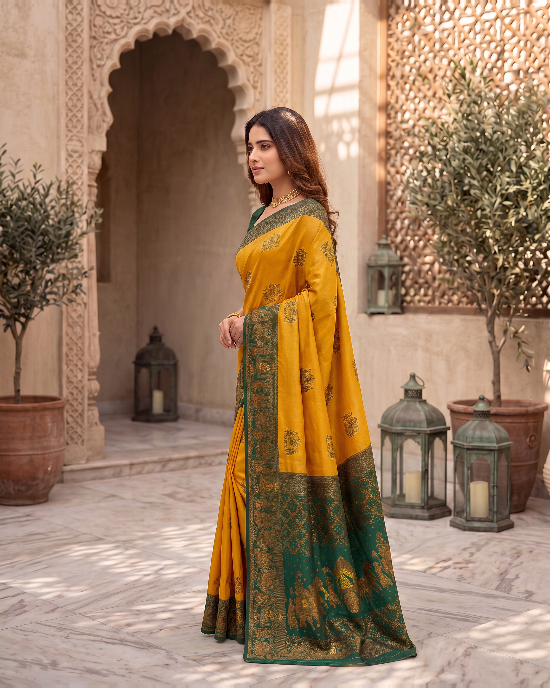 Anokhi Pastel Contrast Festive Saree with Designer Drape - Mustard Green - side