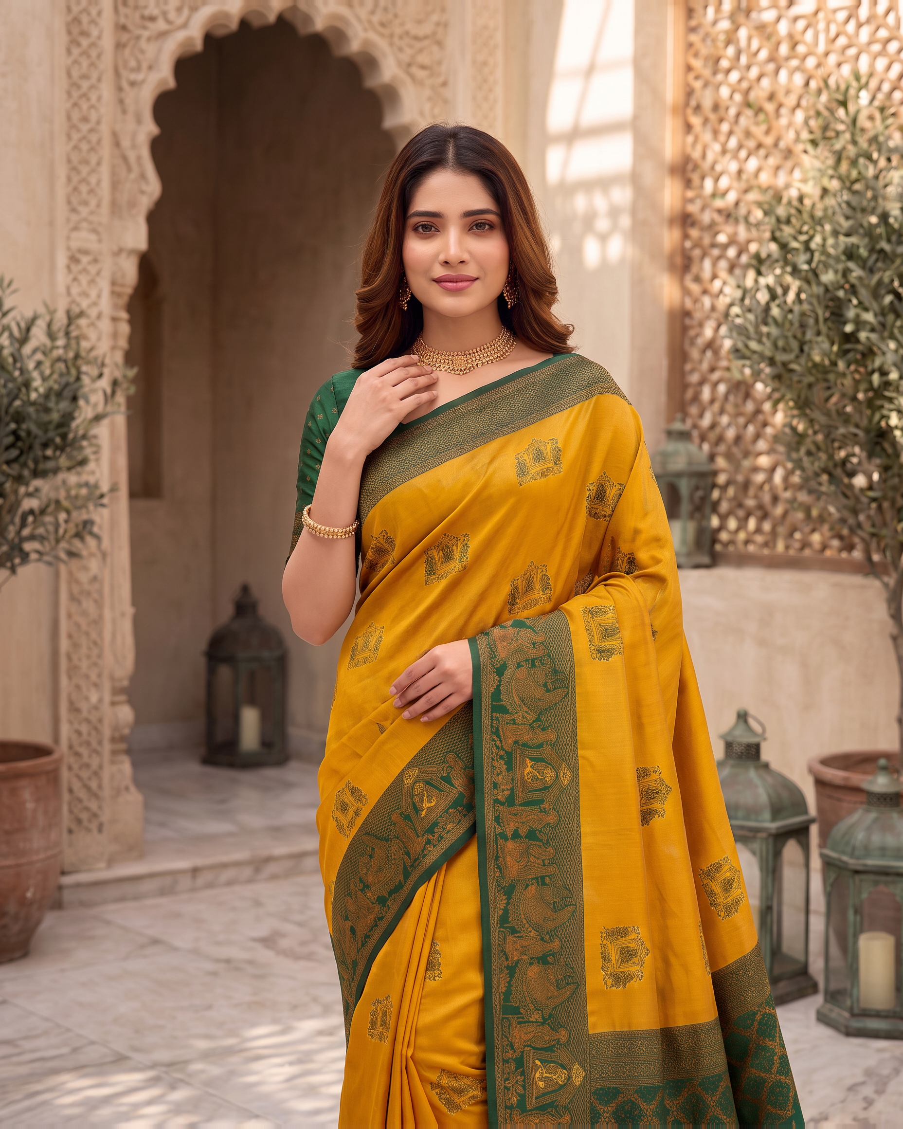 Anokhi Pastel Contrast Festive Saree with Designer Drape - Mustard Green - upper closeup