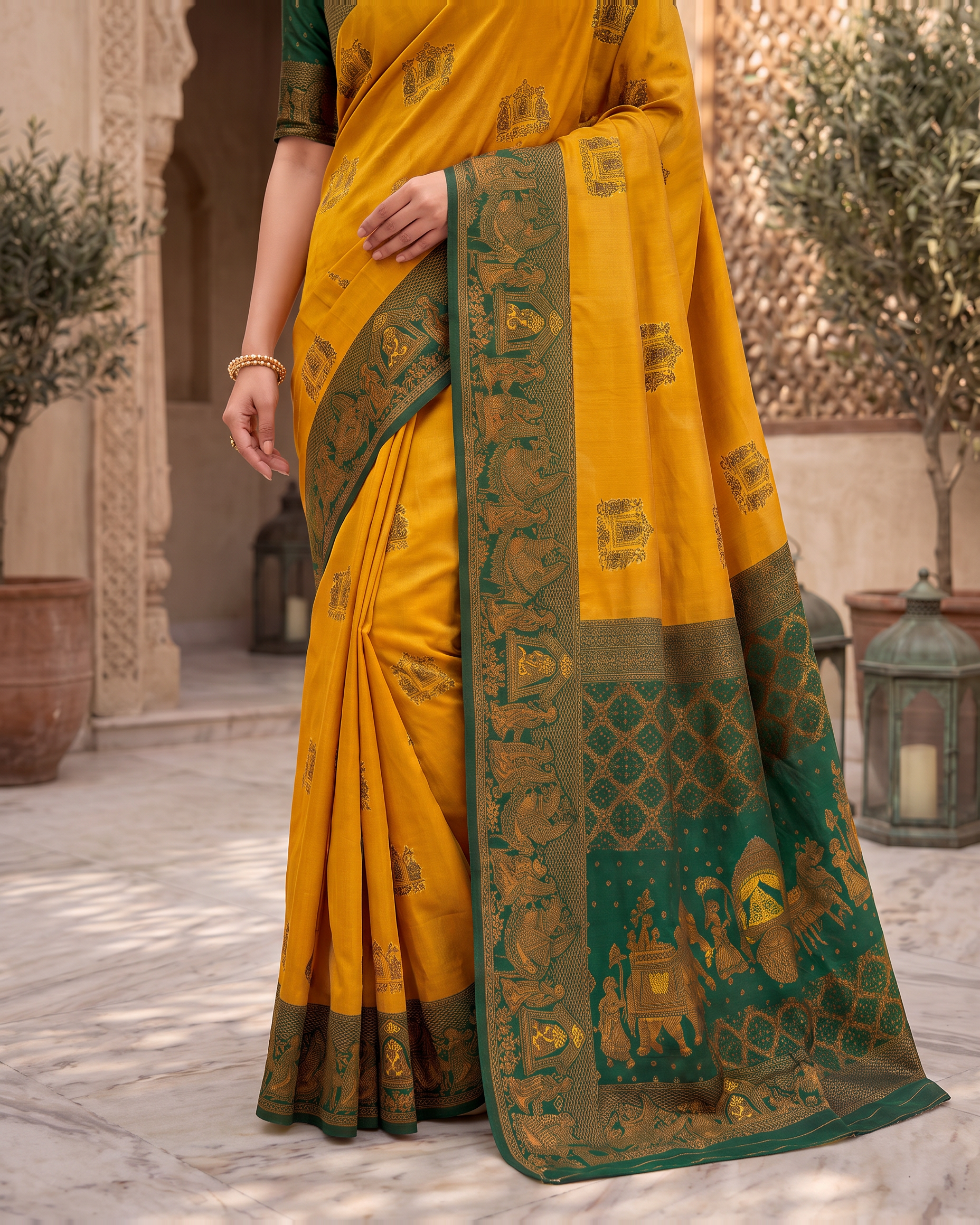 Anokhi Pastel Contrast Festive Saree with Designer Drape - Mustard Green - lower closeup