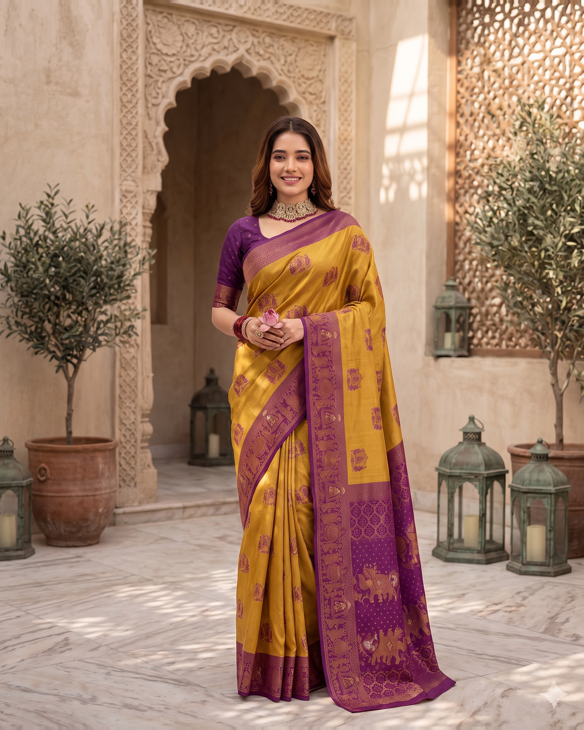 Anokhi Pastel Contrast Festive Saree with Designer Drape - Mustard Purple - full saree hero