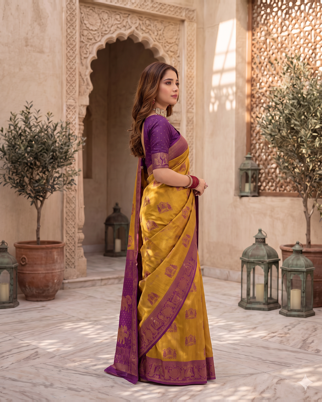 Anokhi Pastel Contrast Festive Saree with Designer Drape - Mustard Purple - side