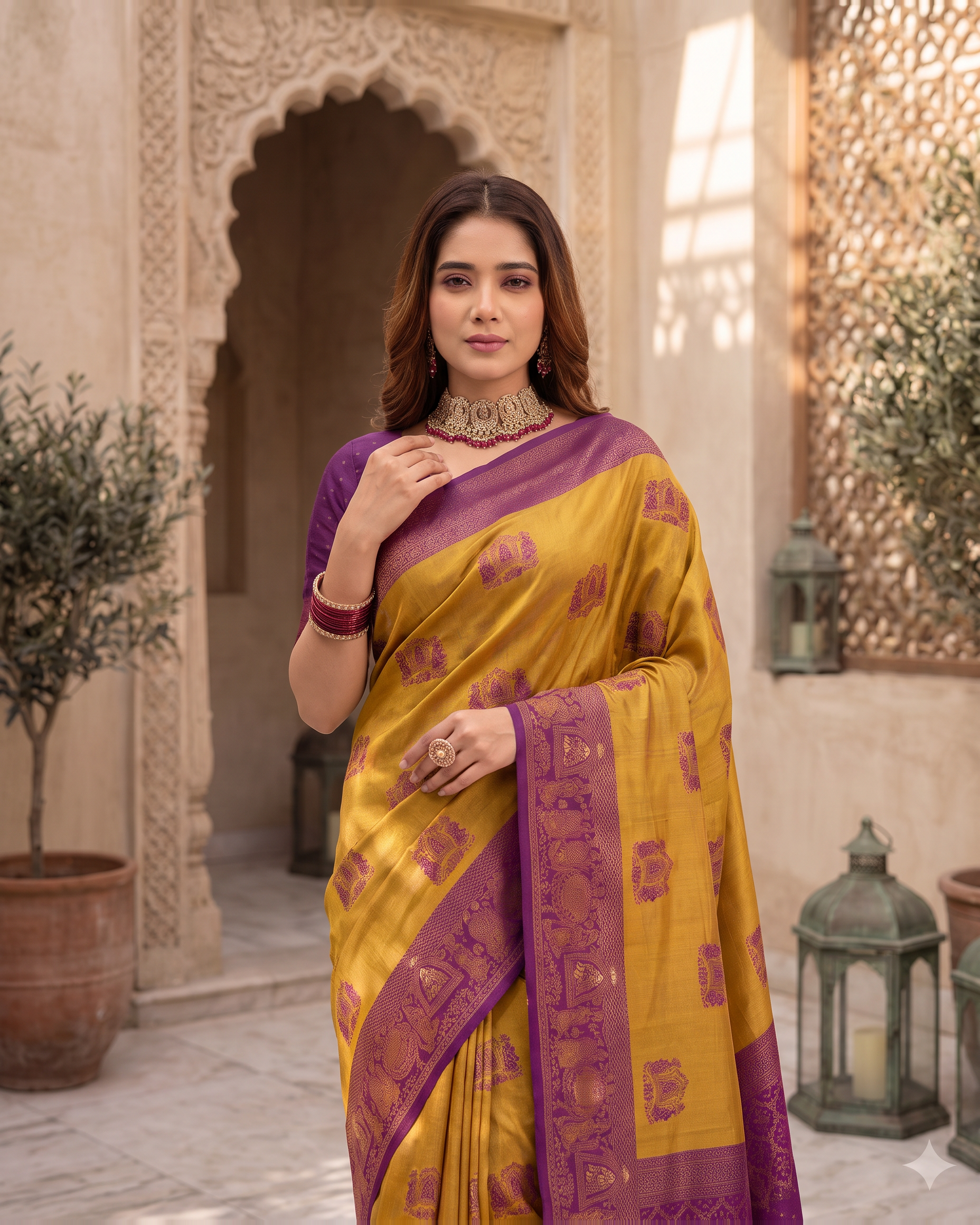 Anokhi Pastel Contrast Festive Saree with Designer Drape - Mustard Purple - upper closeup
