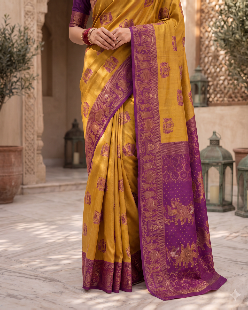 Anokhi Pastel Contrast Festive Saree with Designer Drape - Mustard Purple - lower closeup