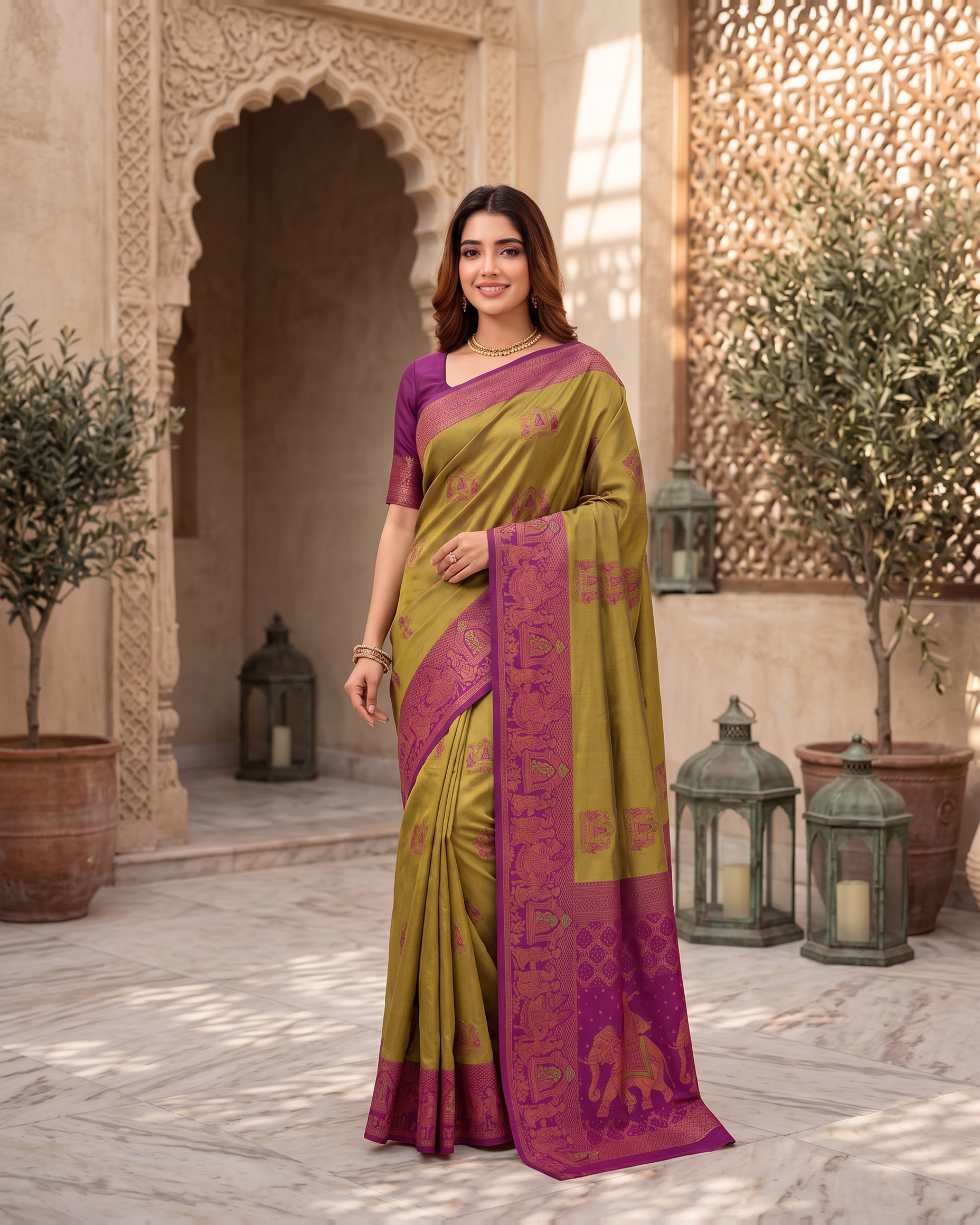 Anokhi Pastel Contrast Festive Saree with Designer Drape - Olive Purple - full saree hero
