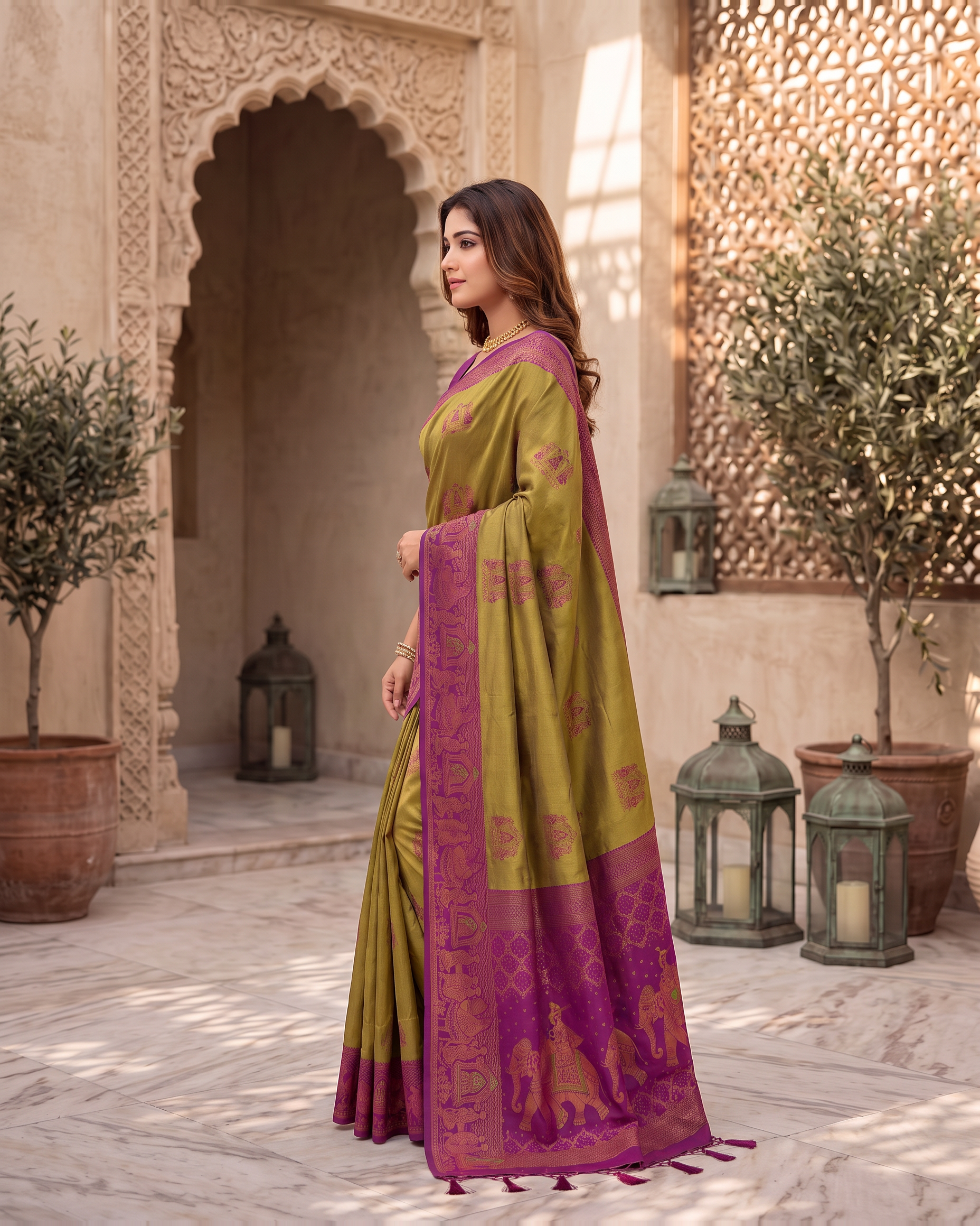 Anokhi Pastel Contrast Festive Saree with Designer Drape - Olive Purple - side