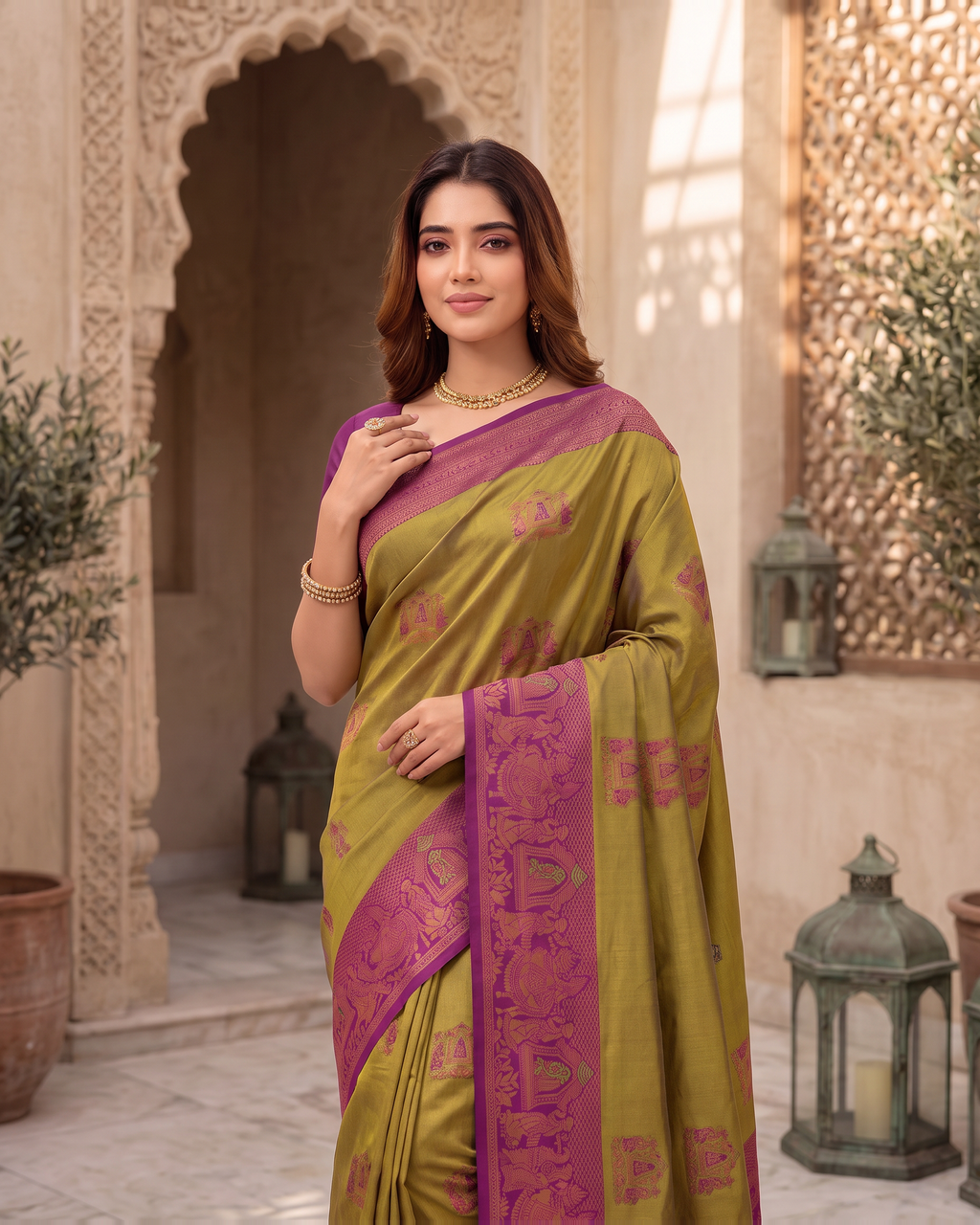 Anokhi Pastel Contrast Festive Saree with Designer Drape - Olive Purple - upper closeup