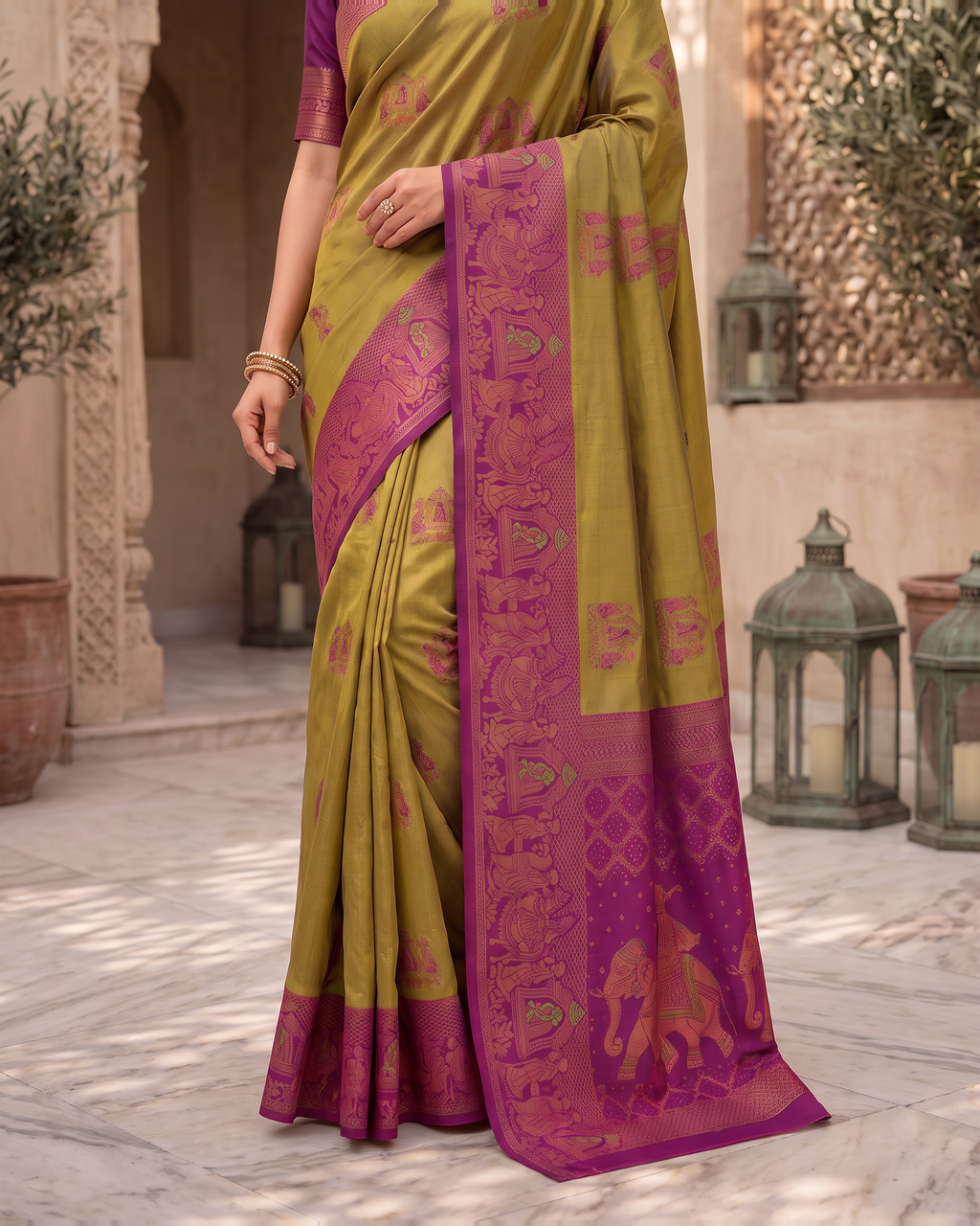 Anokhi Pastel Contrast Festive Saree with Designer Drape - Olive Purple - lower closeup