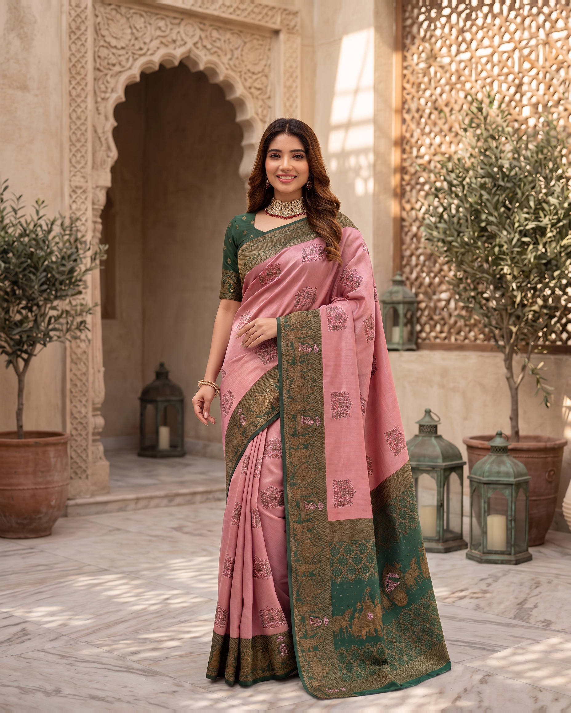 Anokhi Pastel Contrast Festive Saree with Designer Drape - Pink Green - full saree hero