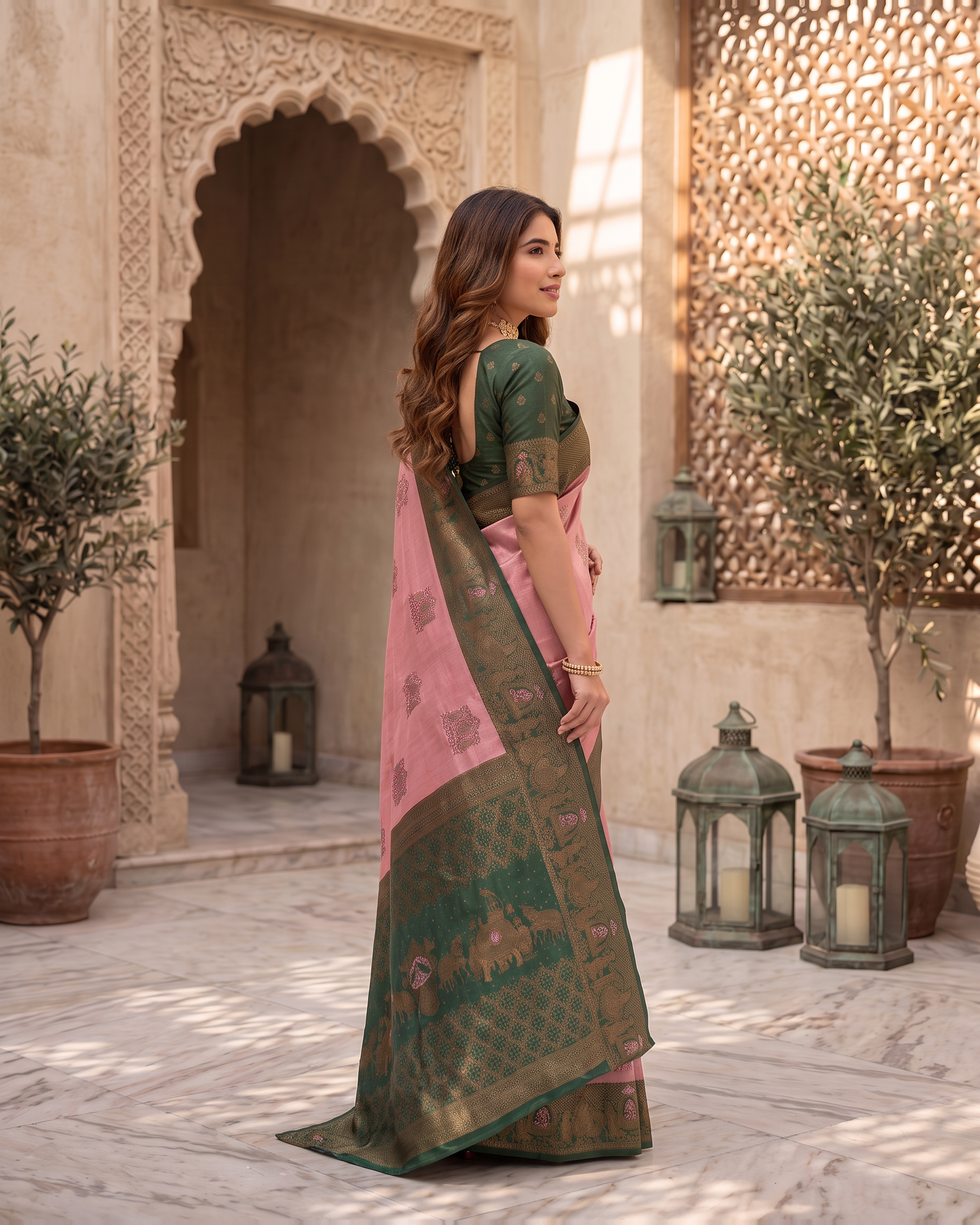 Anokhi Pastel Contrast Festive Saree with Designer Drape - Pink Green - side