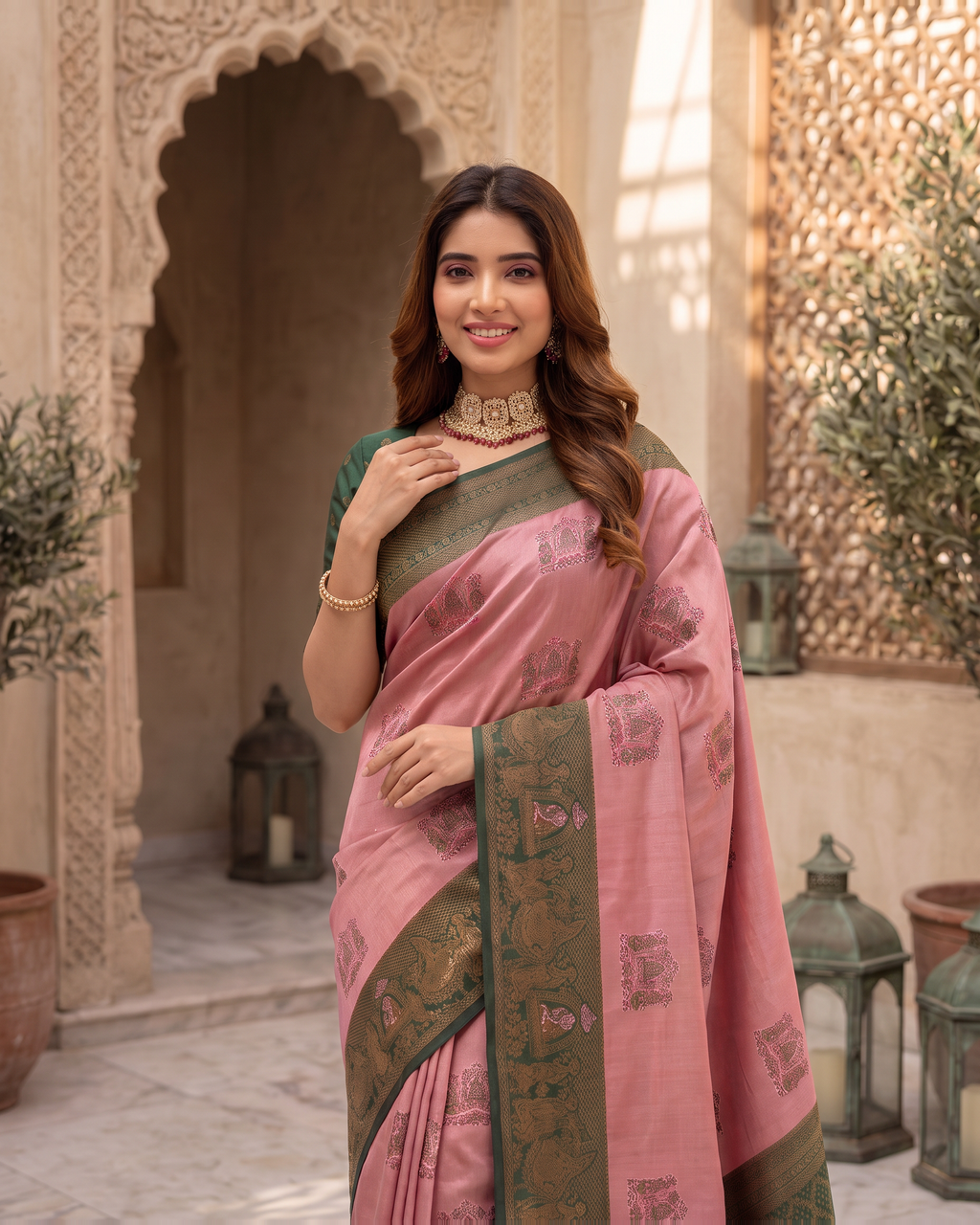 Anokhi Pastel Contrast Festive Saree with Designer Drape - Pink Green - upper closeup