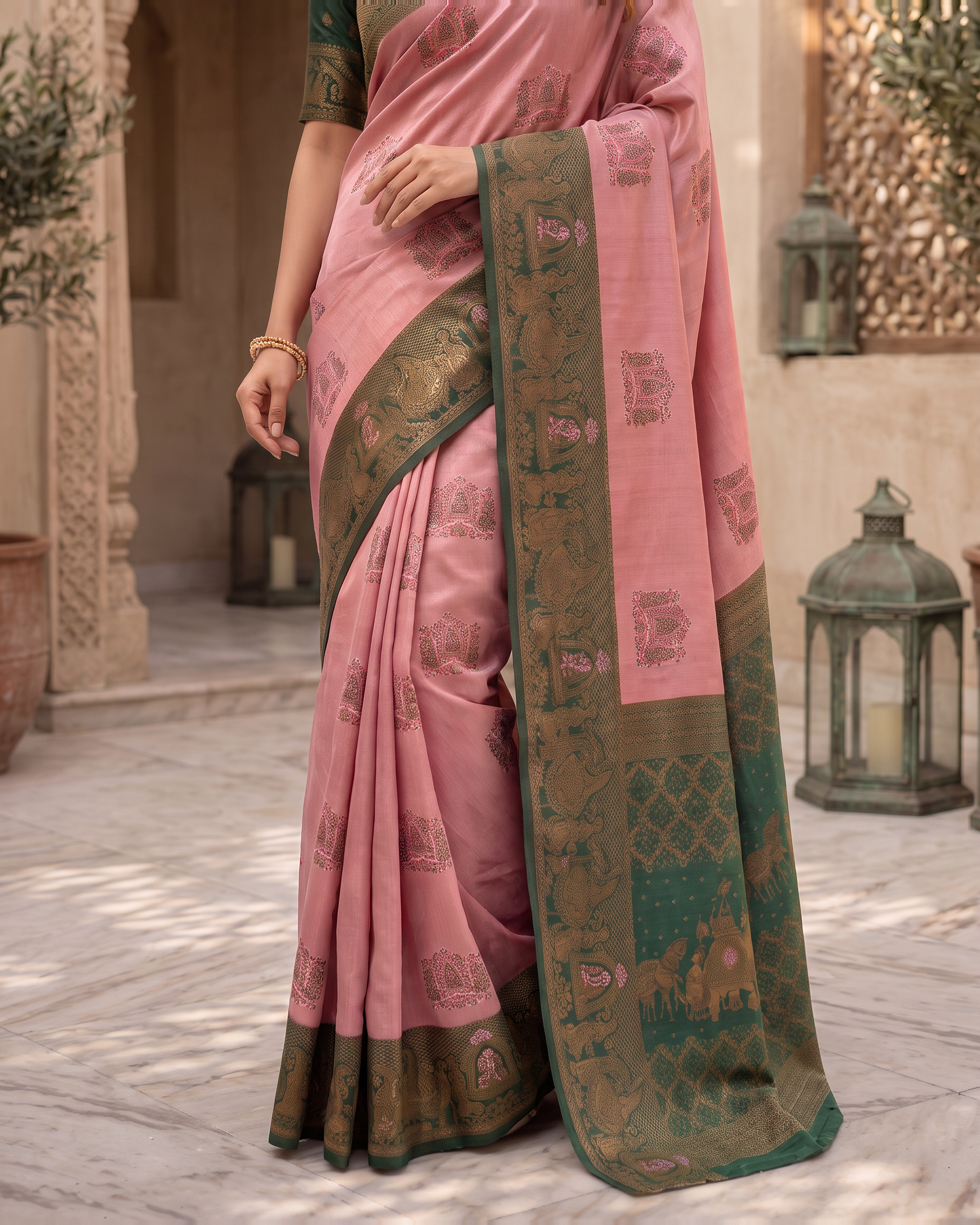 Anokhi Pastel Contrast Festive Saree with Designer Drape - Pink Green - lower closeup