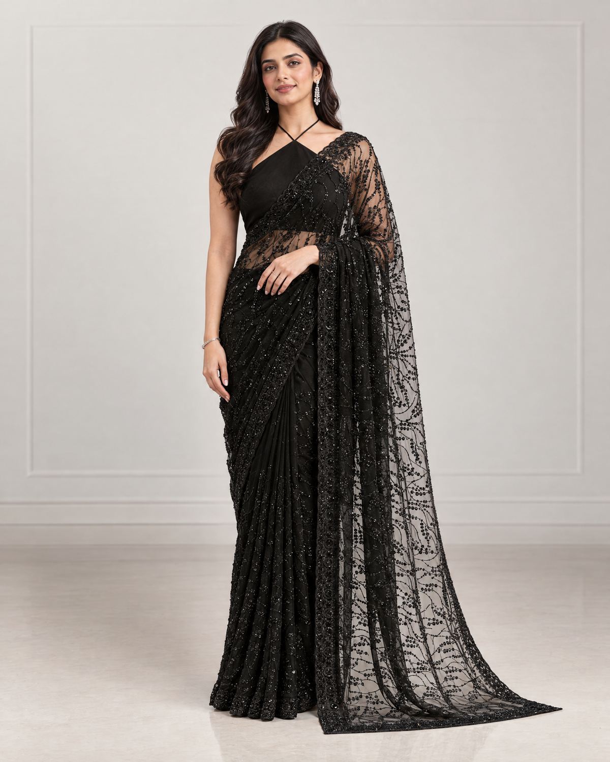 Anshula Vine Embroidered Festive Saree with Ornate Border - Black - full saree hero