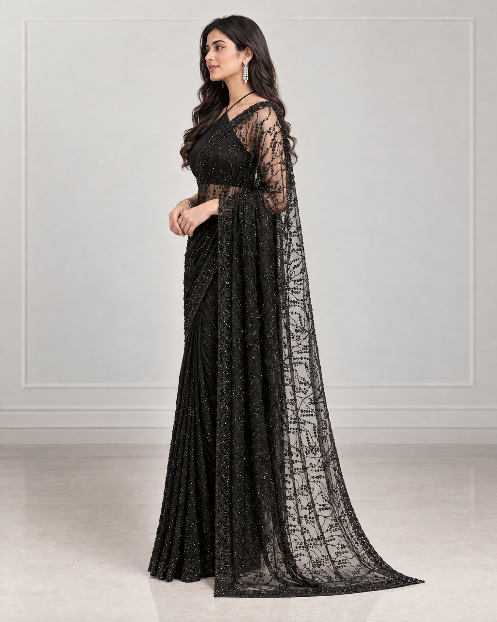 Anshula Vine Embroidered Festive Saree with Ornate Border - Black - side drape