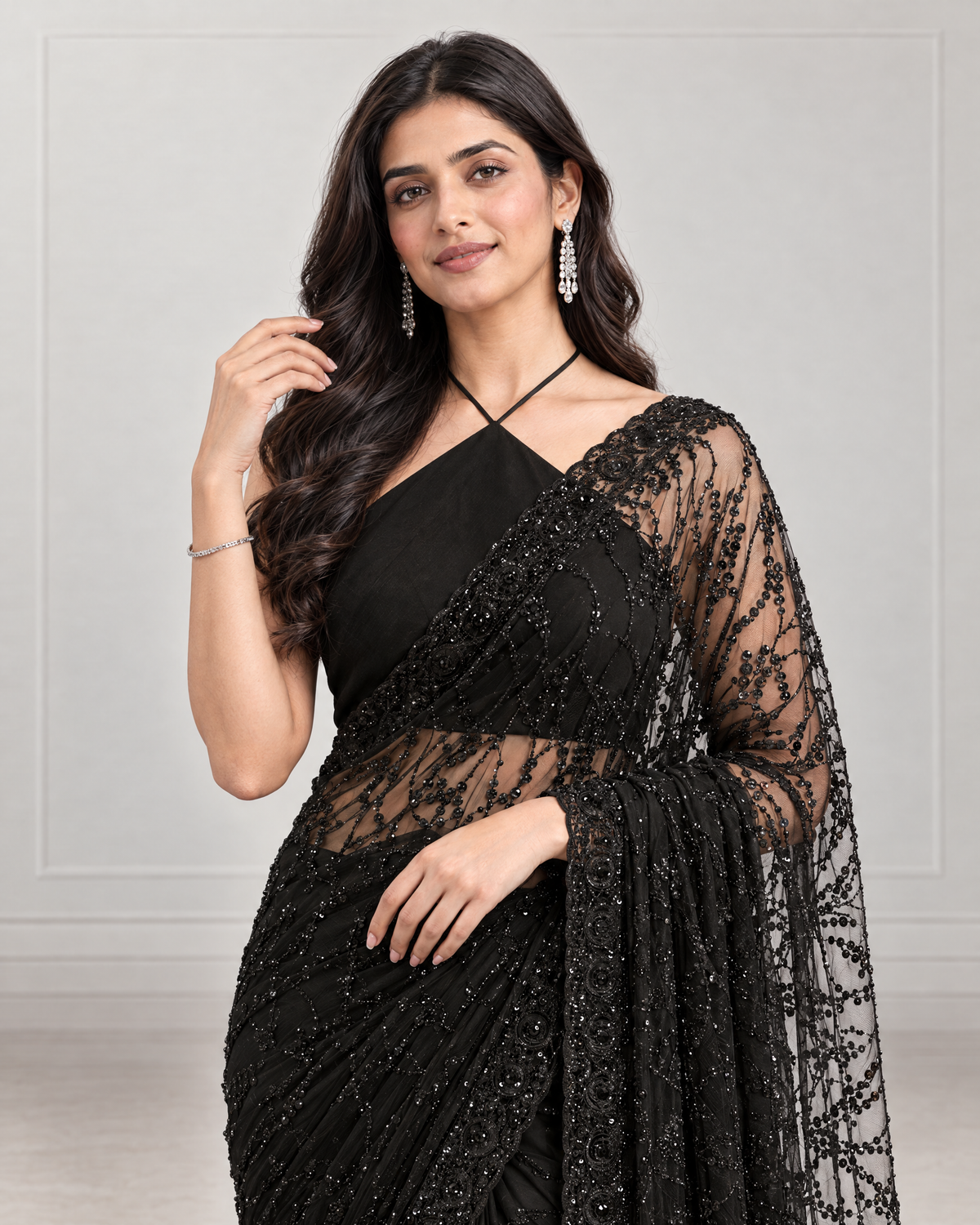 Anshula Vine Embroidered Festive Saree with Ornate Border - Black - upper closeup