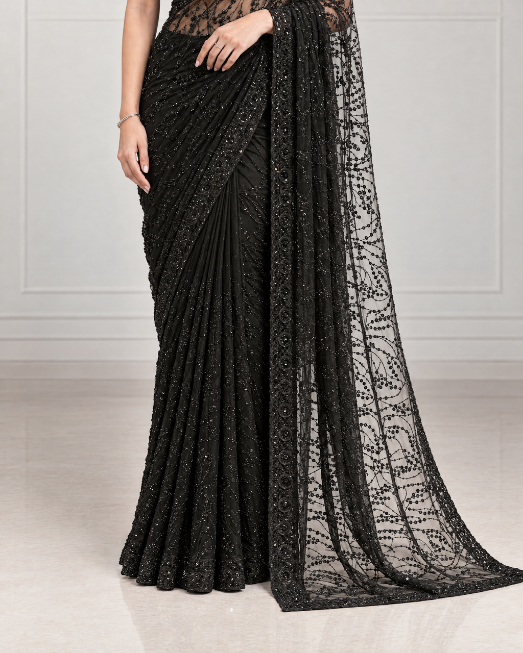 Anshula Vine Embroidered Festive Saree with Ornate Border - Black - lower border closeup