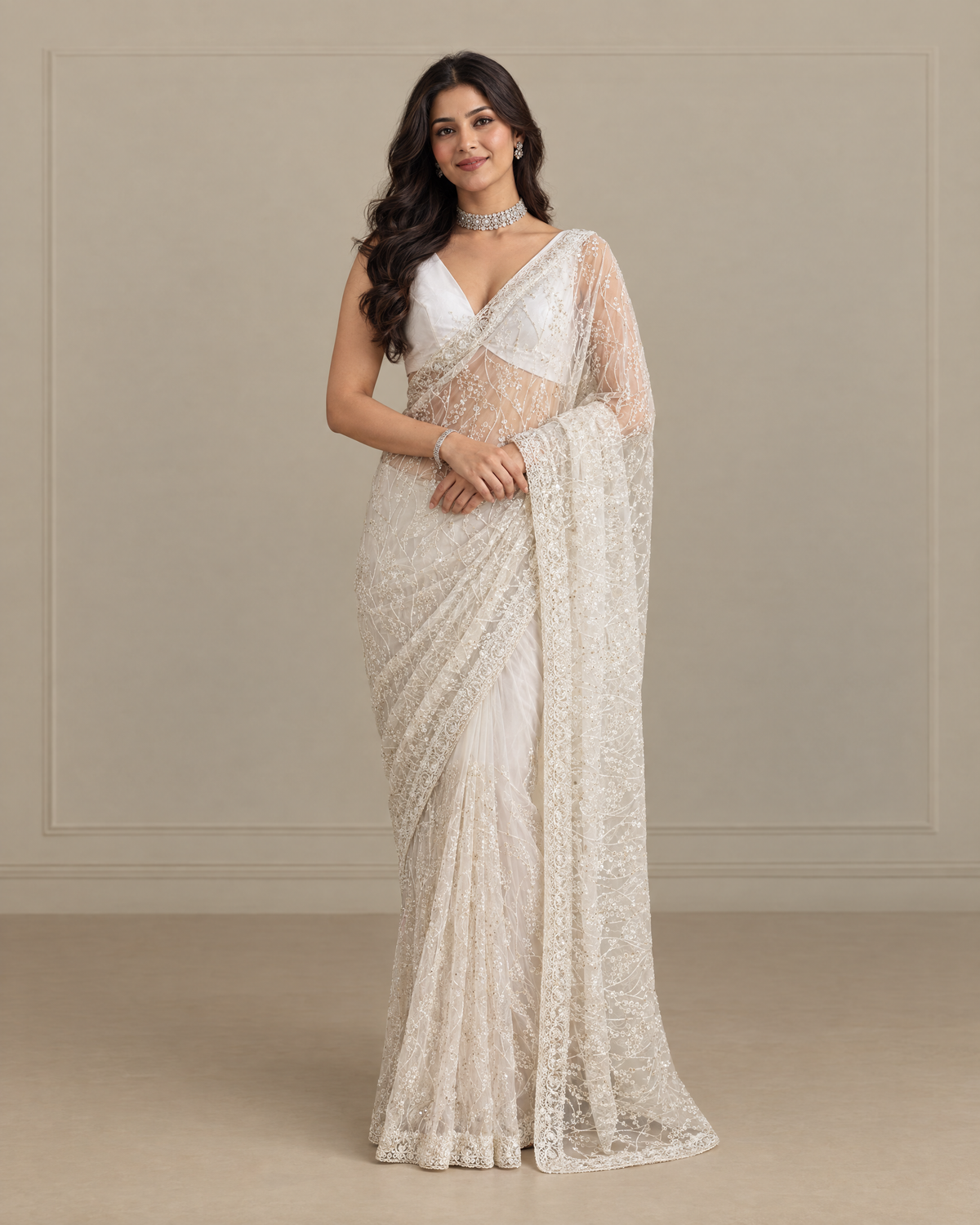 Anshula Vine Embroidered Festive Saree with Ornate Border - Ivory - full saree hero