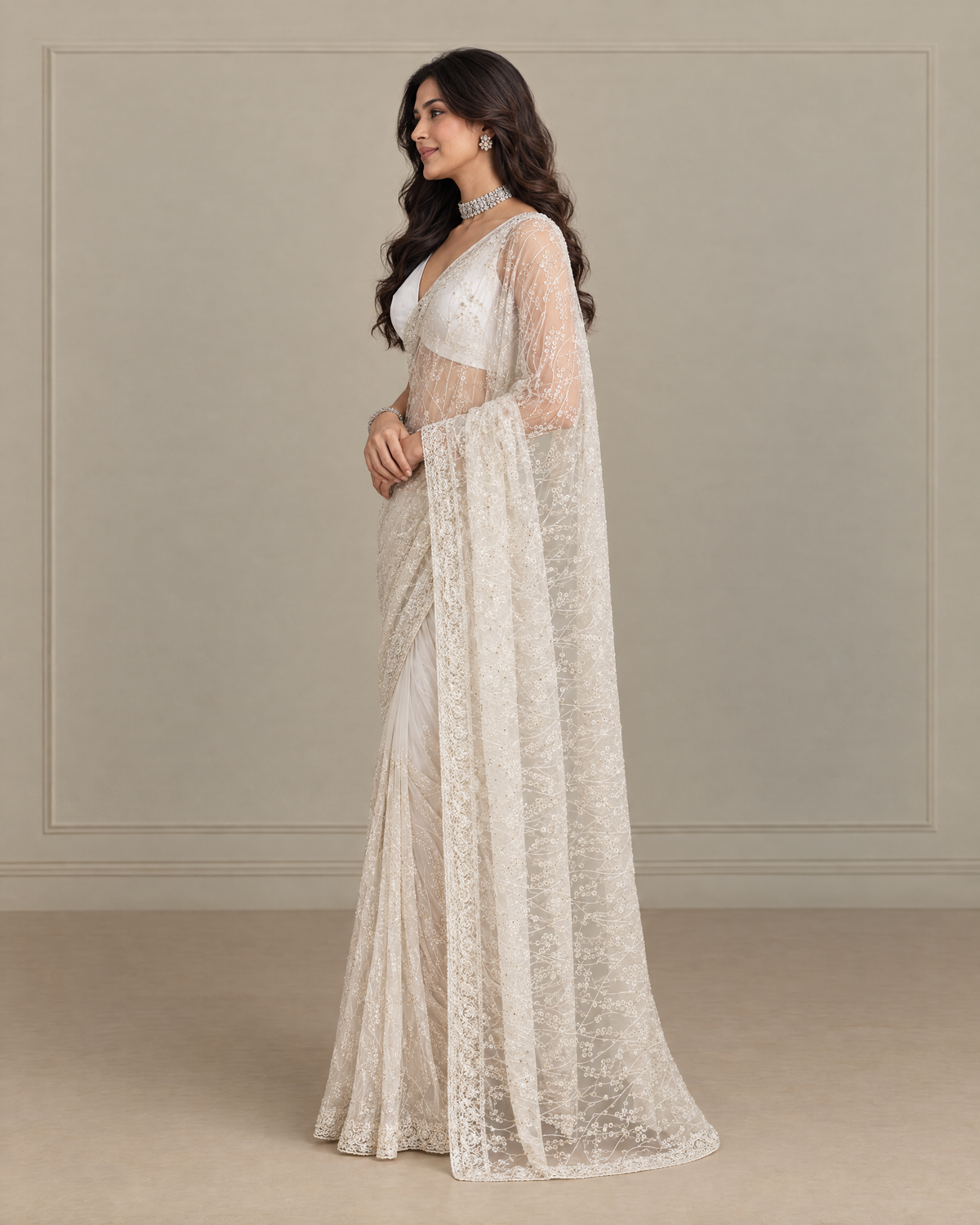 Anshula Vine Embroidered Festive Saree with Ornate Border - Ivory - side drape