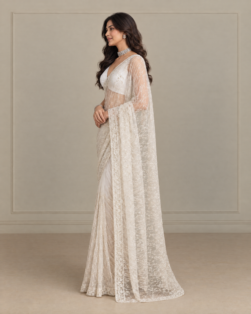 Anshula Vine Embroidered Festive Saree with Ornate Border - Ivory - side drape