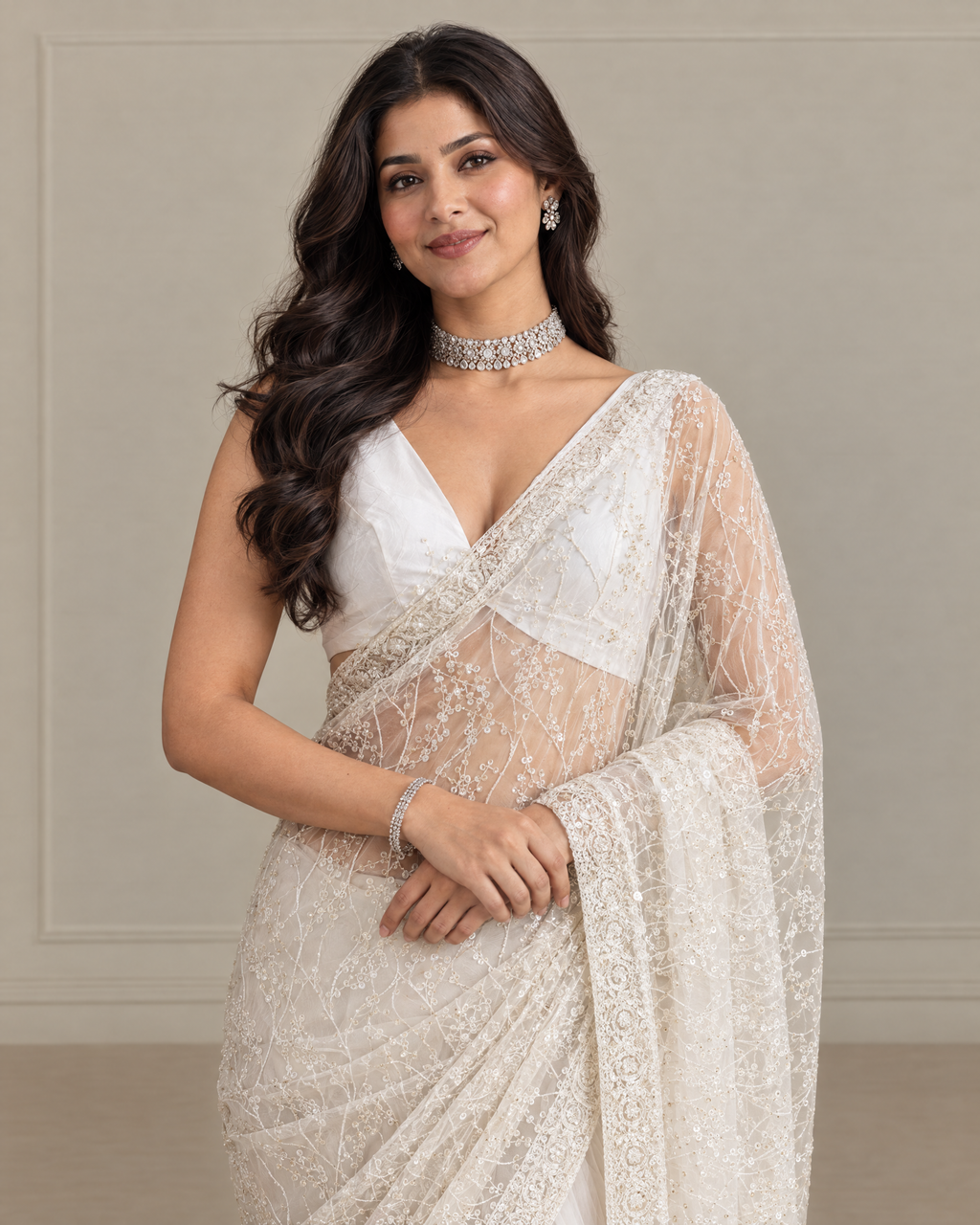 Anshula Vine Embroidered Festive Saree with Ornate Border - Ivory - upper closeup