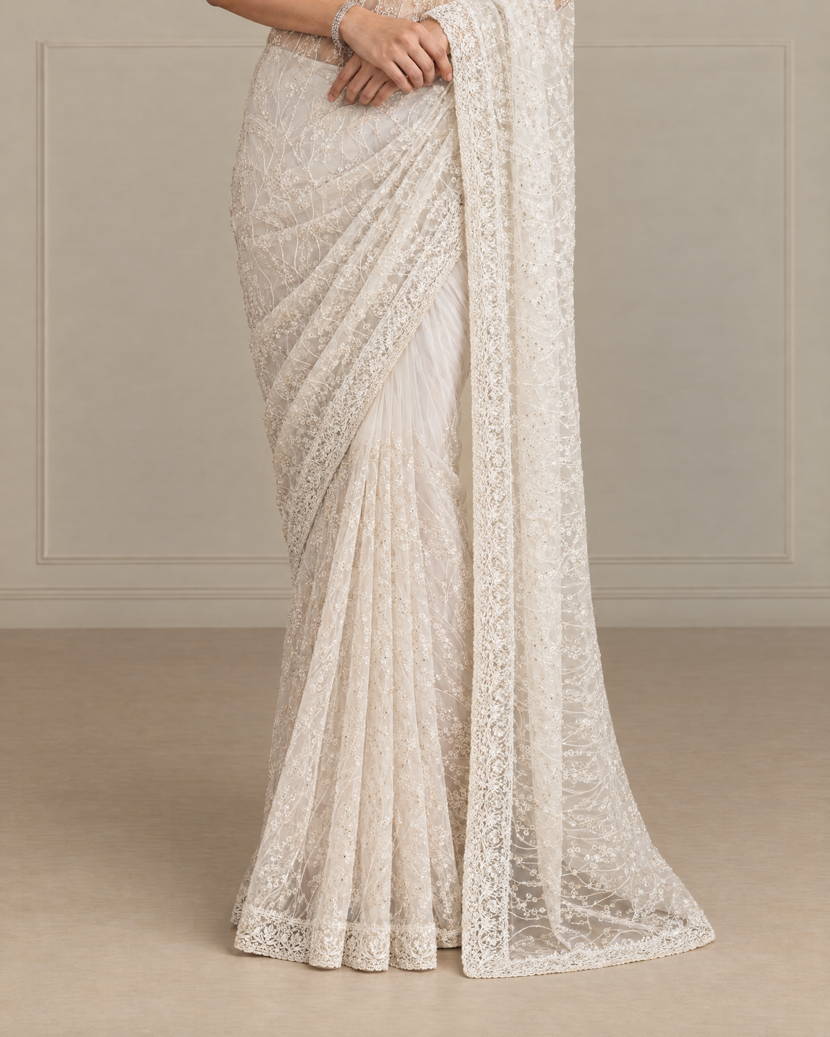 Anshula Vine Embroidered Festive Saree with Ornate Border - Ivory - lower border closeup