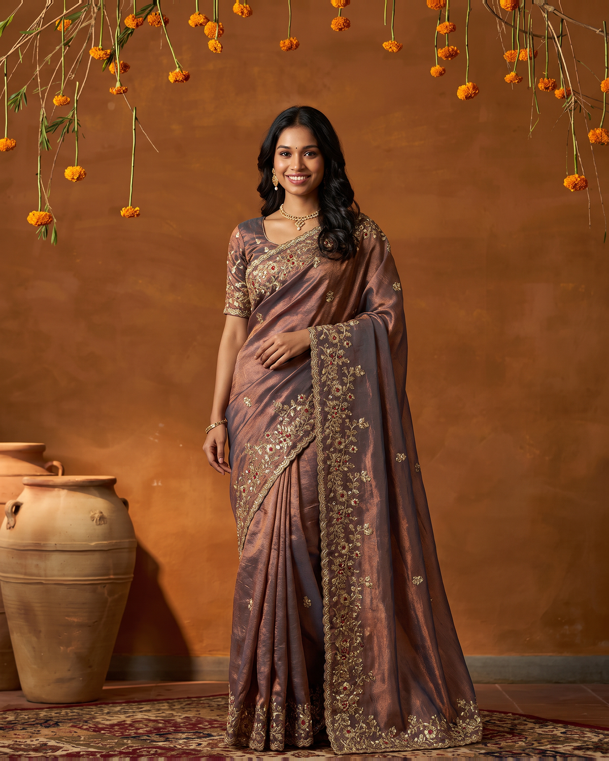 Anvitha Floral Vine Festive Saree with Rich Embroidered Border - Grey - full saree hero
