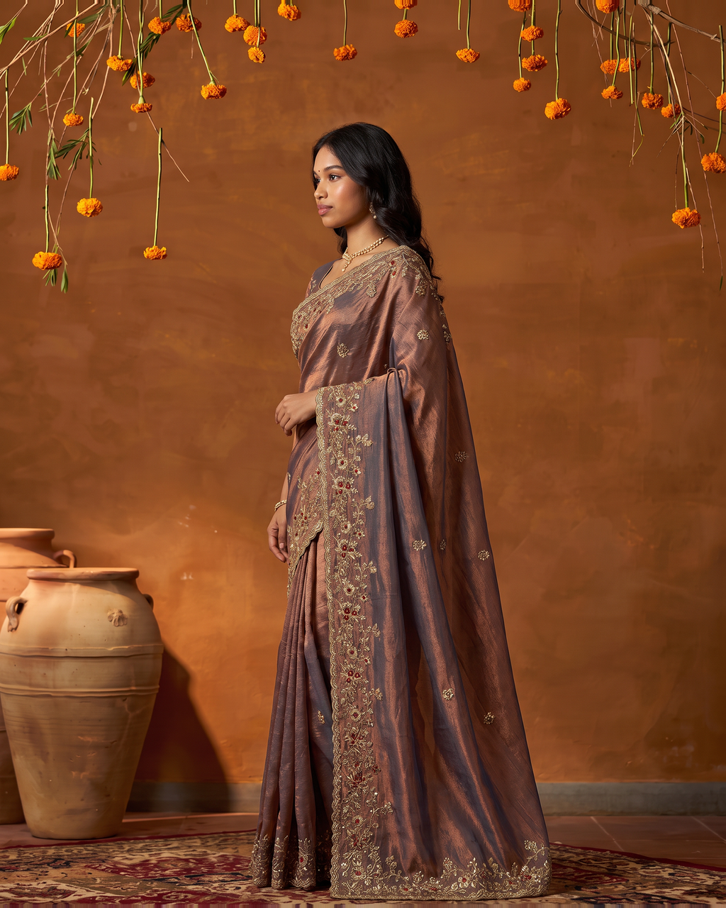 Anvitha Floral Vine Festive Saree with Rich Embroidered Border - Grey - side