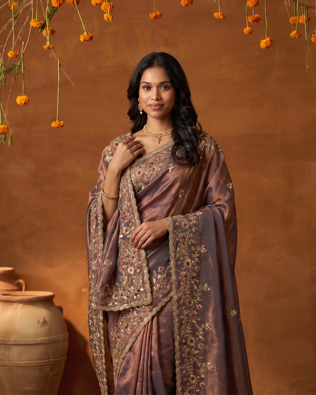 Anvitha Floral Vine Festive Saree with Rich Embroidered Border - Grey - upper closeup