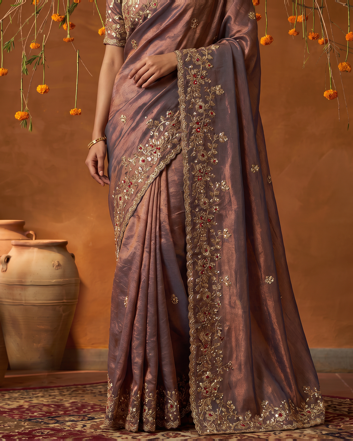 Anvitha Floral Vine Festive Saree with Rich Embroidered Border - Grey - lower closeup