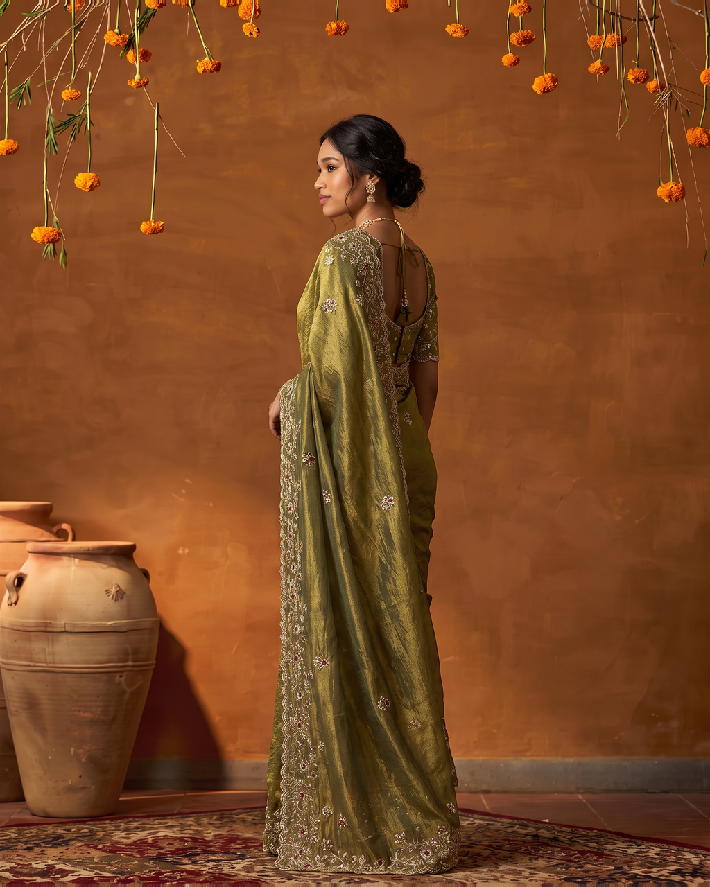 Anvitha Floral Vine Festive Saree with Rich Embroidered Border - Mustard - side