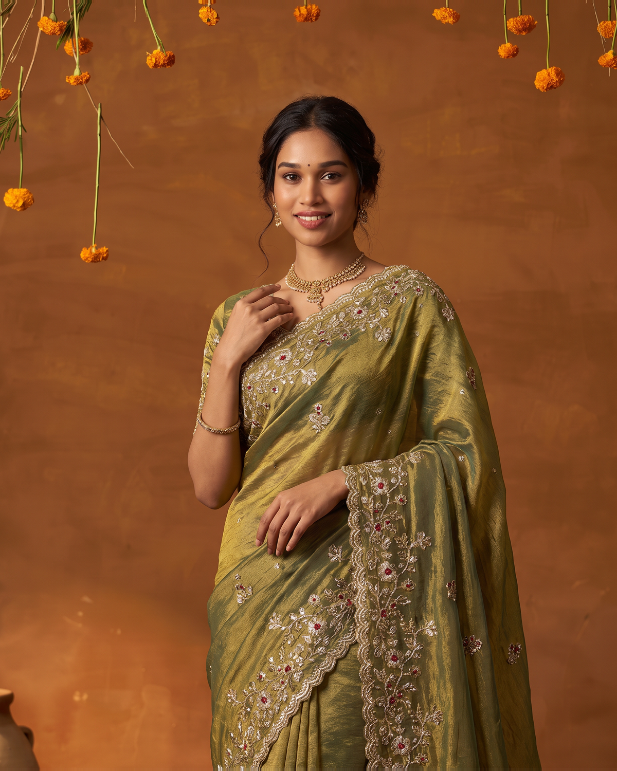 Anvitha Floral Vine Festive Saree with Rich Embroidered Border - Mustard - upper closeup