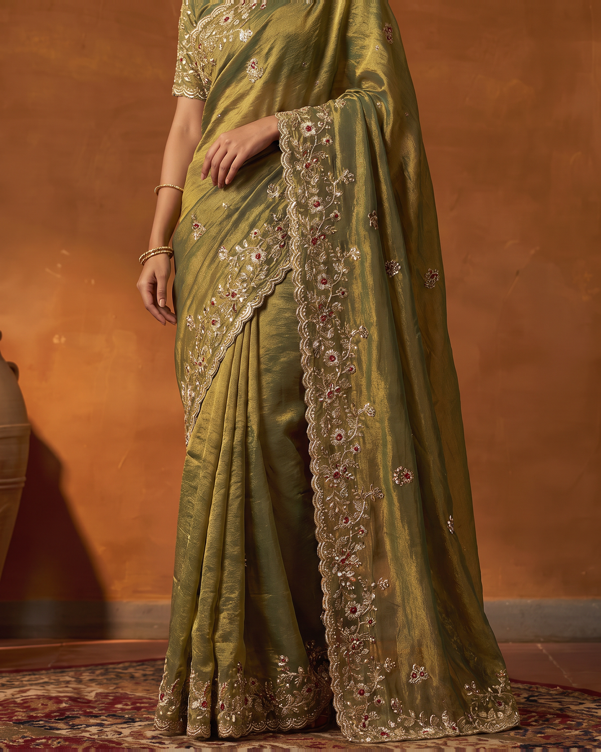 Anvitha Floral Vine Festive Saree with Rich Embroidered Border - Mustard - lower closeup