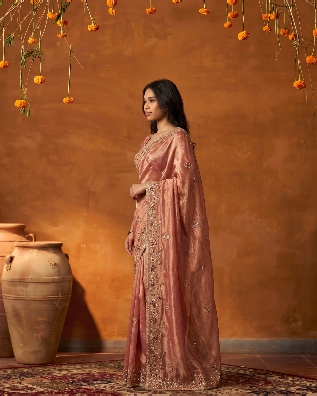 Anvitha Floral Vine Festive Saree with Rich Embroidered Border - Peach - side