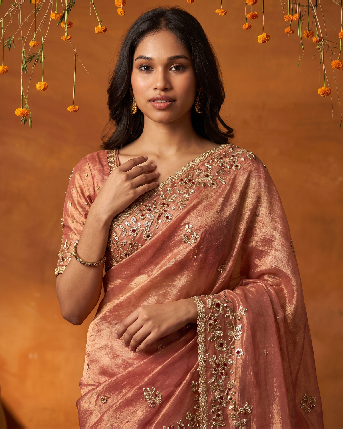 Anvitha Floral Vine Festive Saree with Rich Embroidered Border - Peach - upper closeup