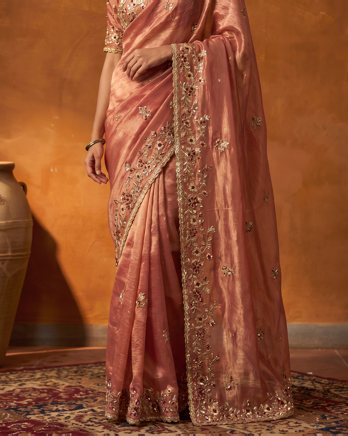 Anvitha Floral Vine Festive Saree with Rich Embroidered Border - Peach - lower closeup