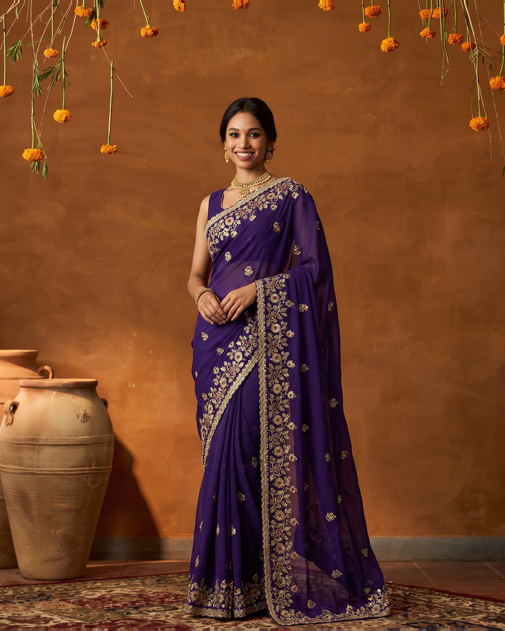 Anvitha Floral Vine Festive Saree with Rich Embroidered Border - Purple - full saree hero