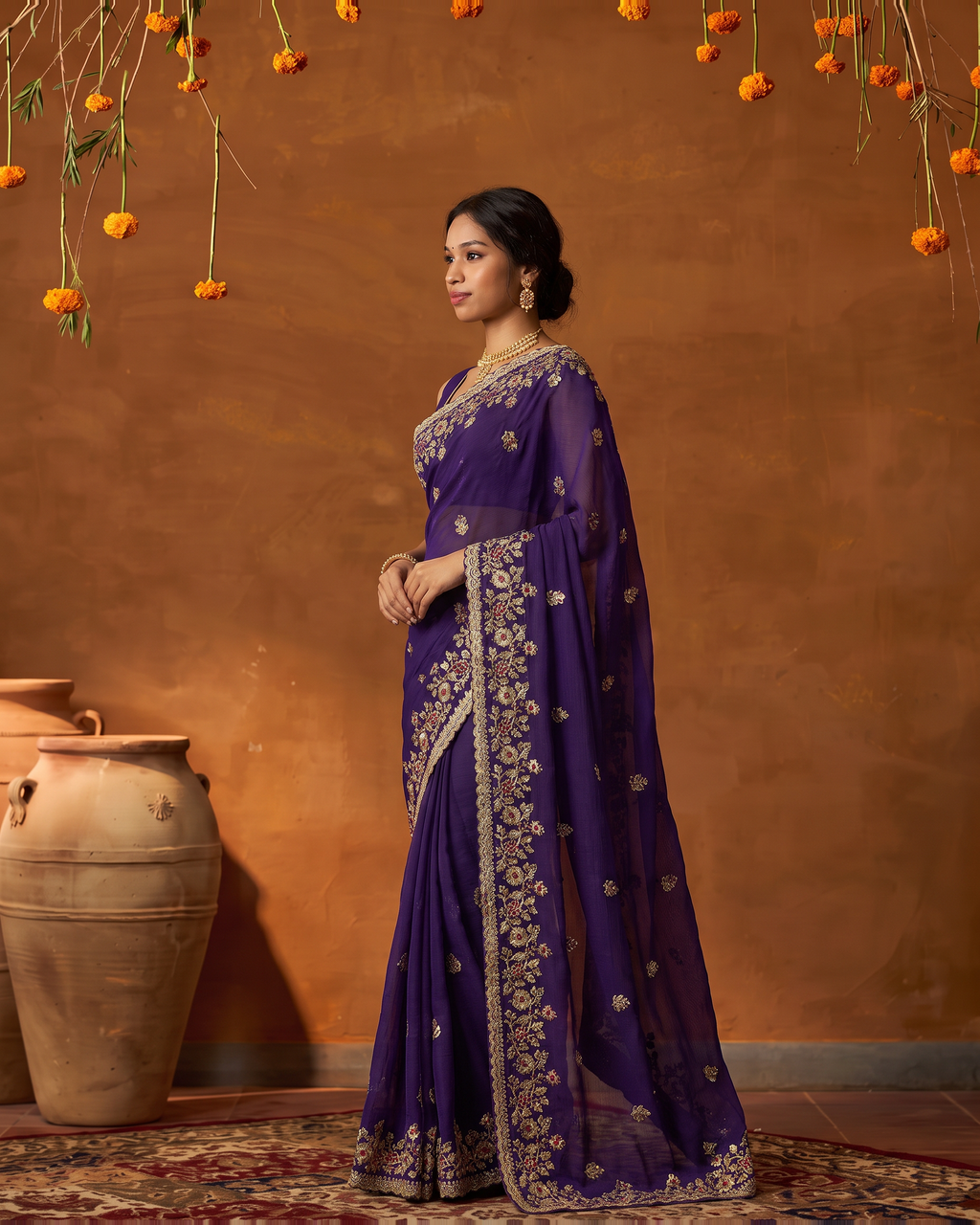 Anvitha Floral Vine Festive Saree with Rich Embroidered Border - Purple - side