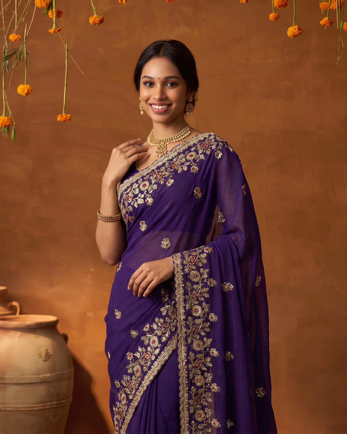Anvitha Floral Vine Festive Saree with Rich Embroidered Border - Purple - upper closeup