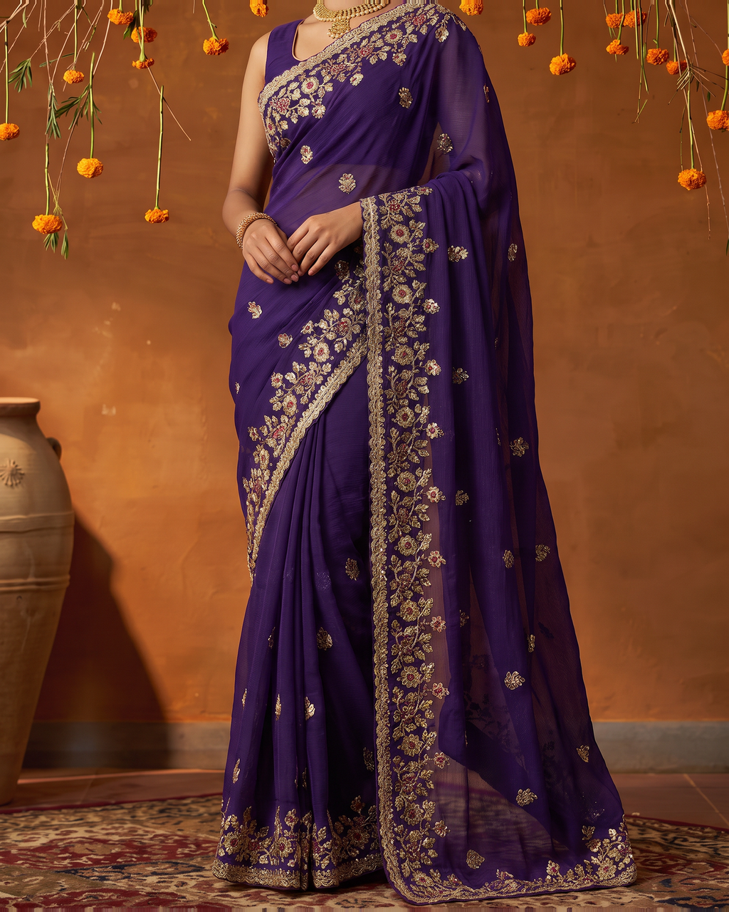 Anvitha Floral Vine Festive Saree with Rich Embroidered Border - Purple - lower closeup