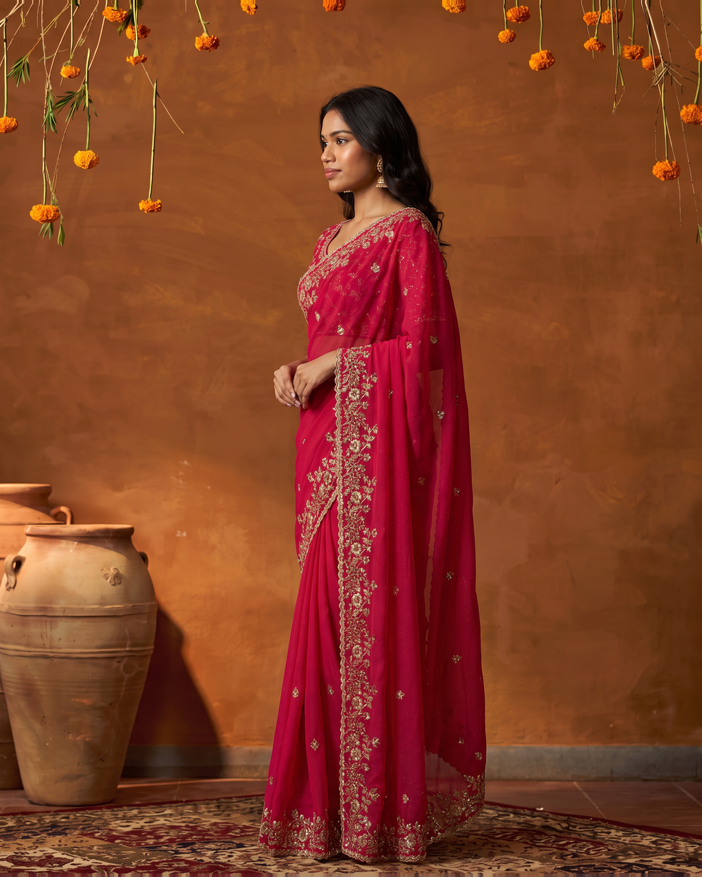 Anvitha Floral Vine Festive Saree with Rich Embroidered Border - Rani - side