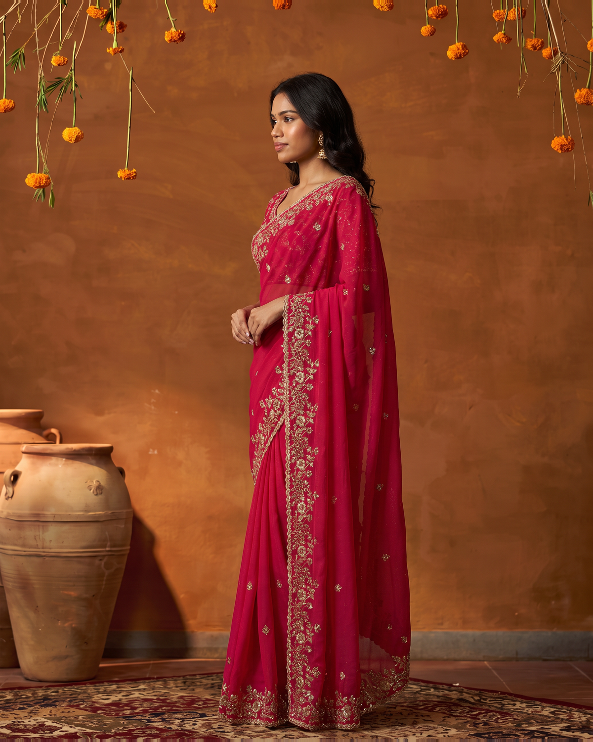 Anvitha Floral Vine Festive Saree with Rich Embroidered Border - Rani - side
