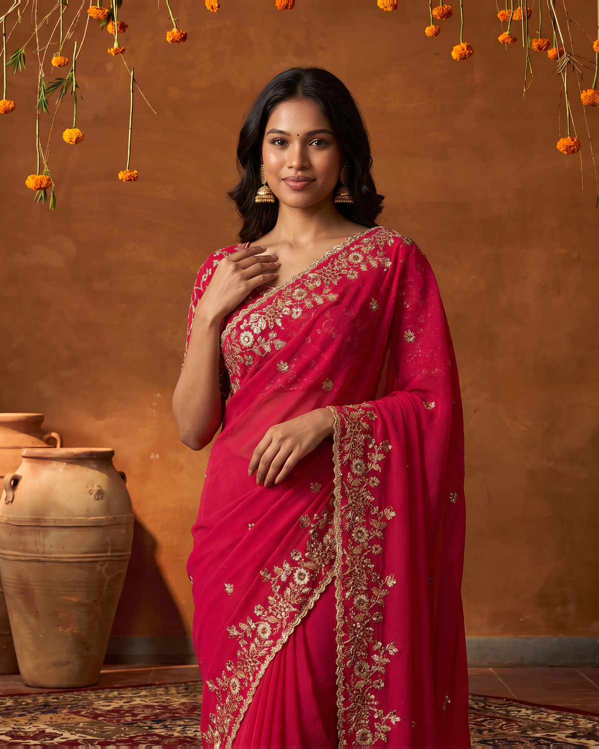 Anvitha Floral Vine Festive Saree with Rich Embroidered Border - Rani - upper closeup